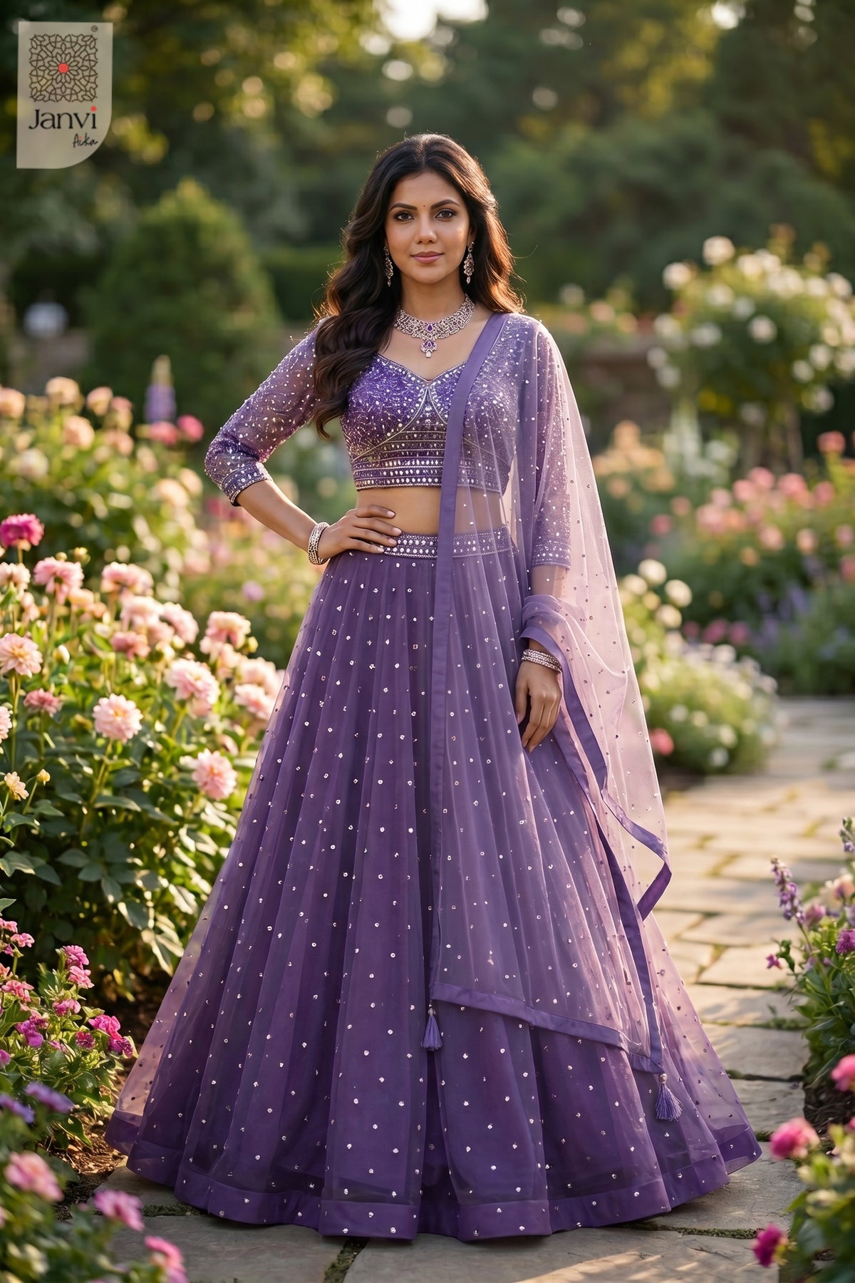This front full standing shot showcases a gorgeous purple net purple lehenga choli for weddings.
