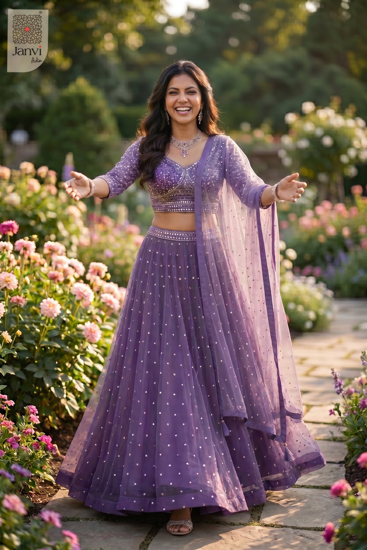 Front full standing shot of a beautiful purple net dupatta style on lehenga for weddings.