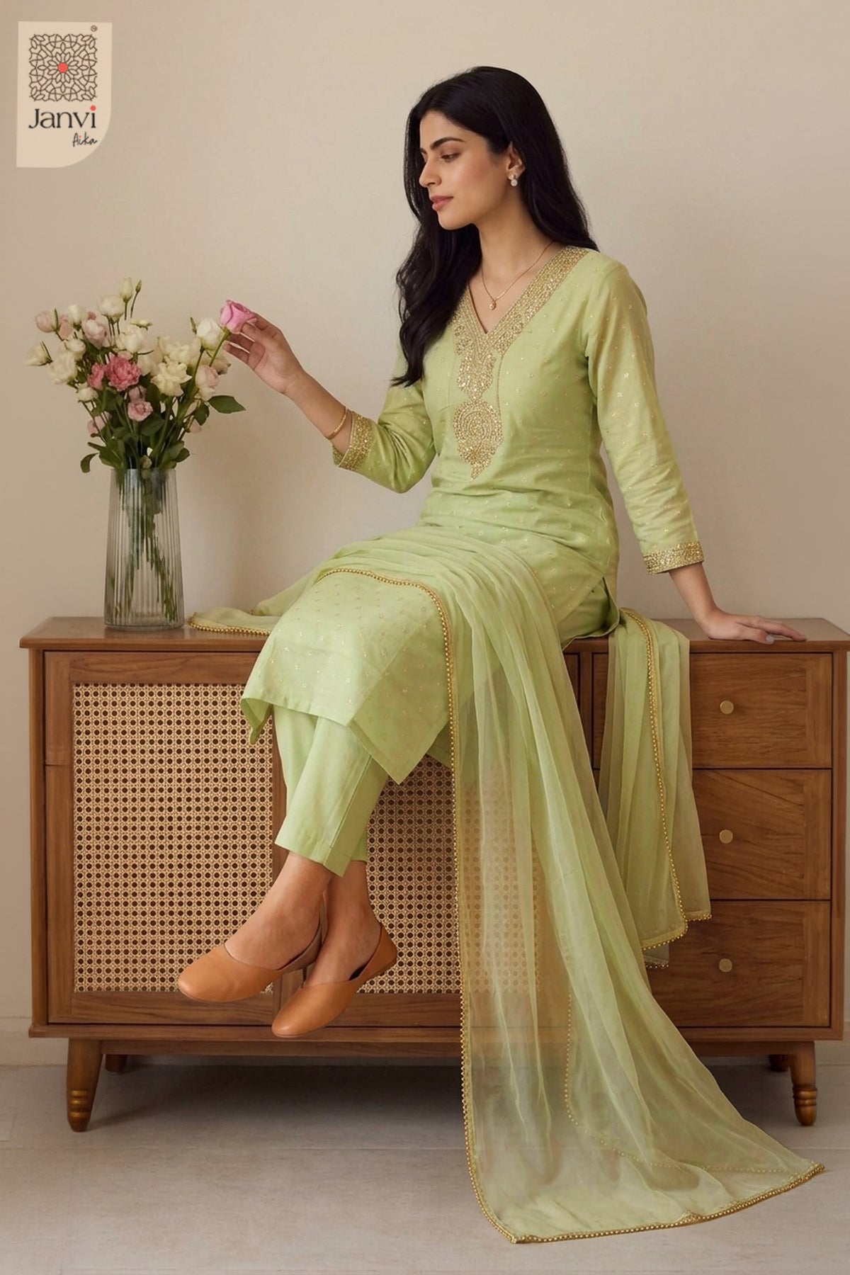 Seated pose beside a floral vase wearing an elegant pastel sage silk churidar set.