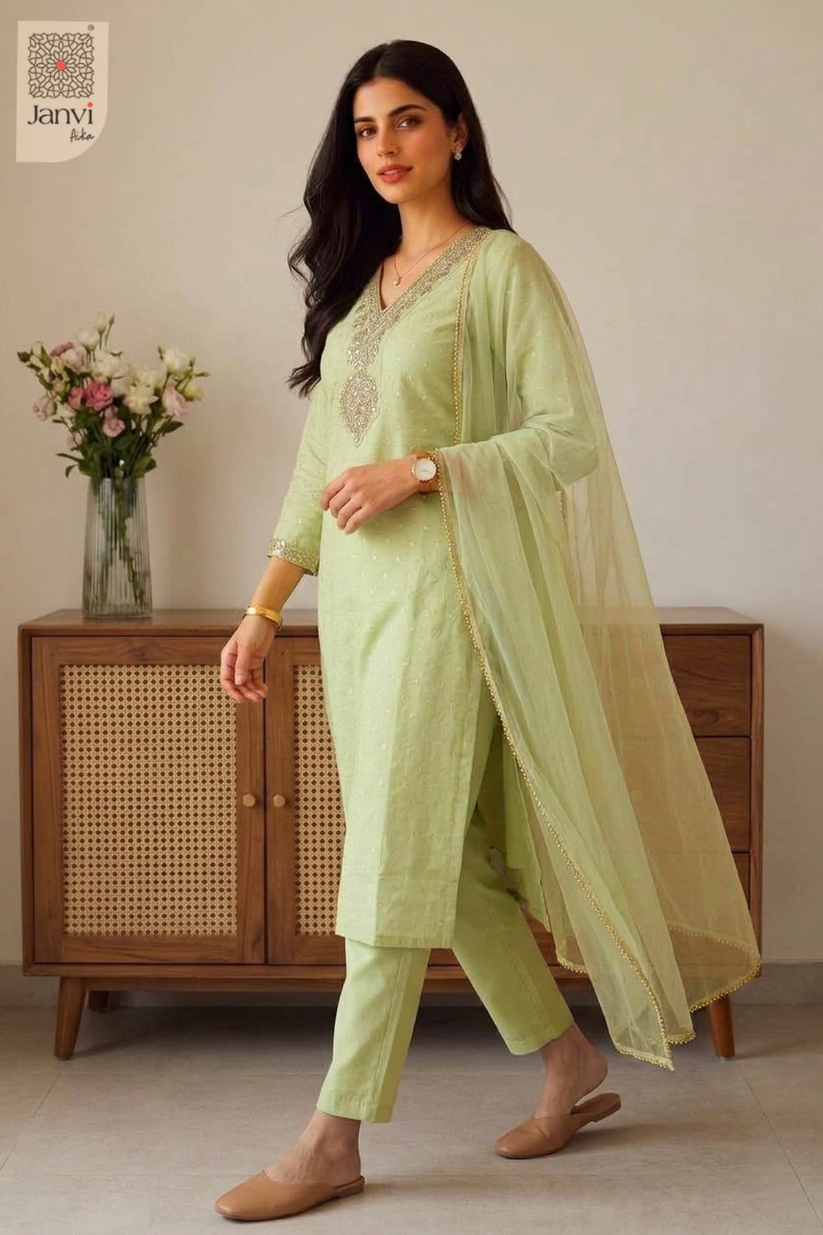 Front standing studio portrait wearing a pastel green tailored churidar set readymade.