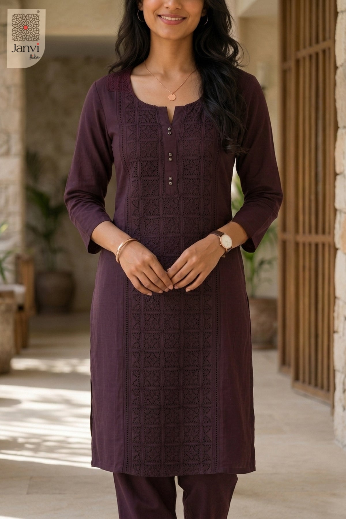 Front close-up of Wine Aura from the 2 piece outfits for ladies range and tonal embroidery.