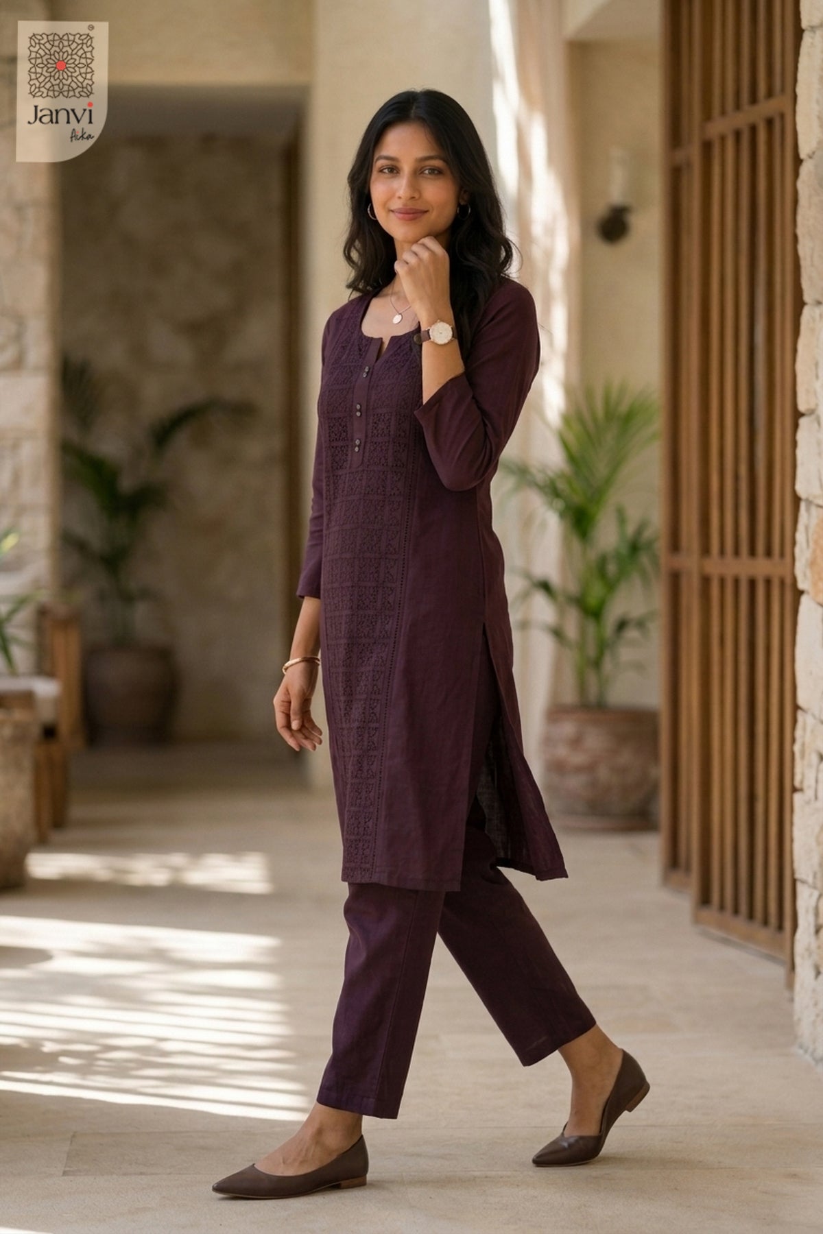 Walking view of Wine Aura in wine from the 2 piece outfits for ladies collection with elbow sleeves.