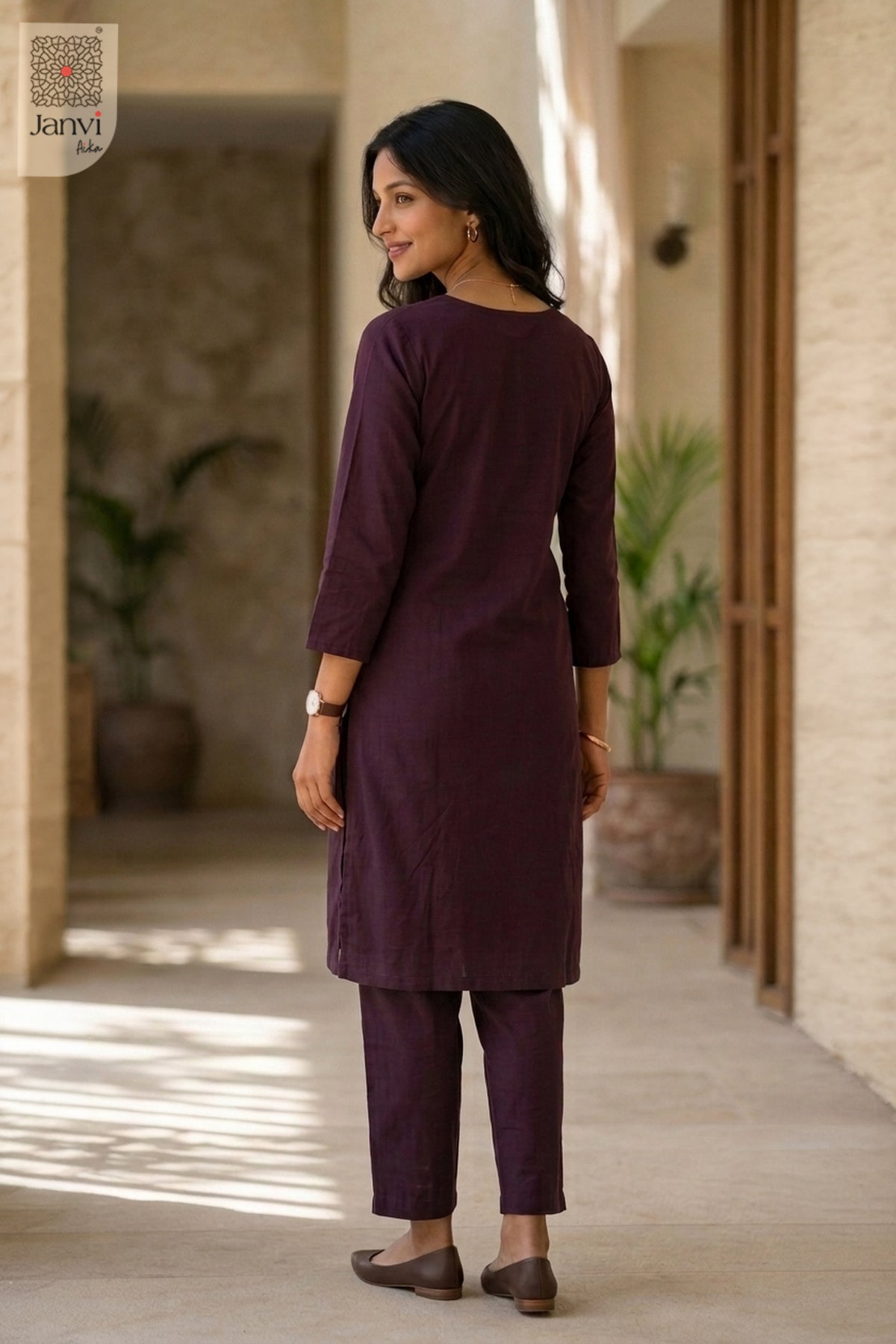 Back view of Wine Aura in wine mulmul cotton from the 2 piece outfits for ladies range.