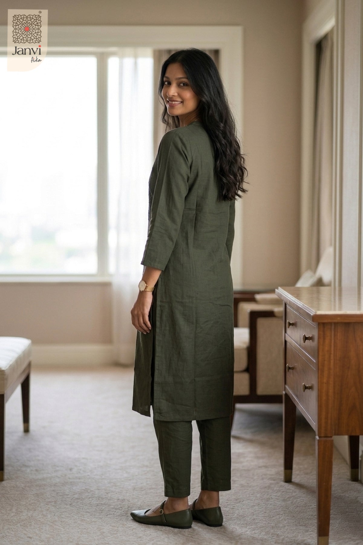Rear view of Woodland Whisper in olive green cotton from the 2 piece outfits for ladies collection.