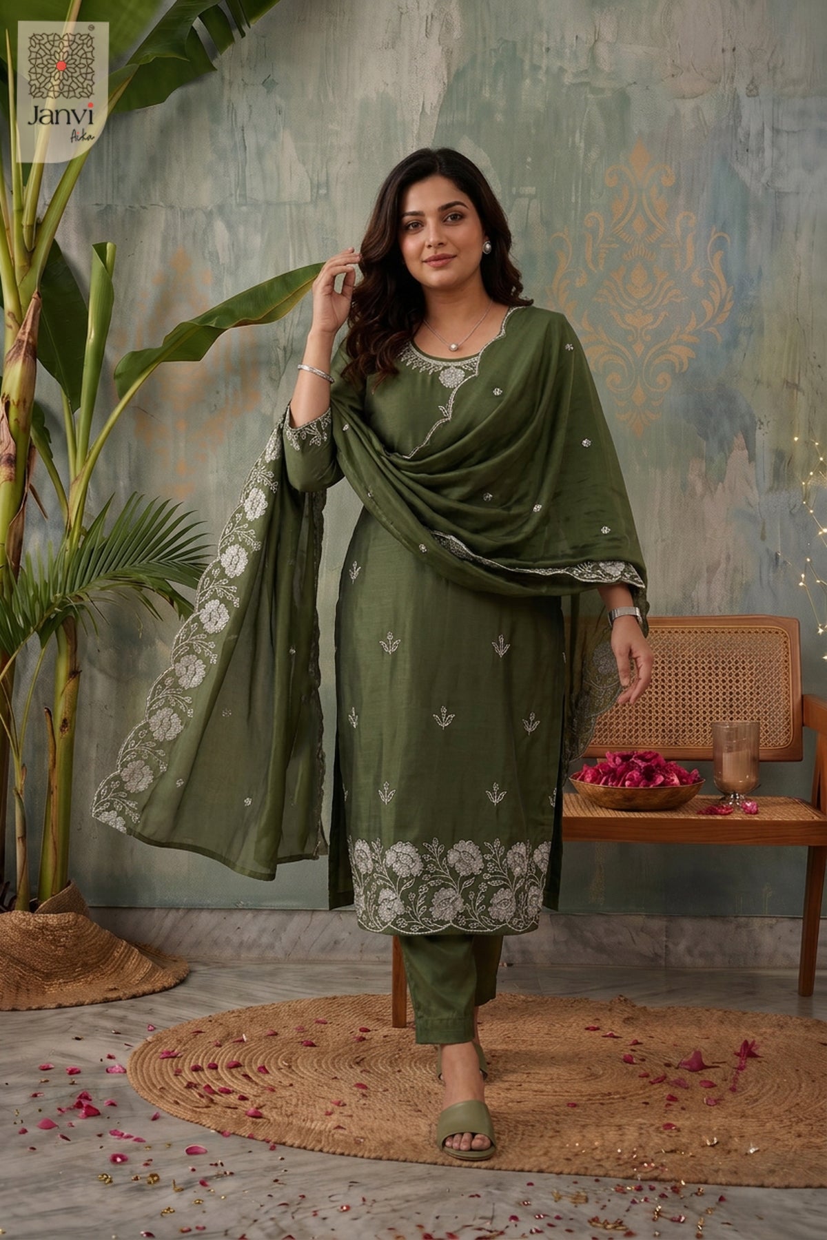 Woodland Green Pearl Vine Embroidered Round Neck Kurti