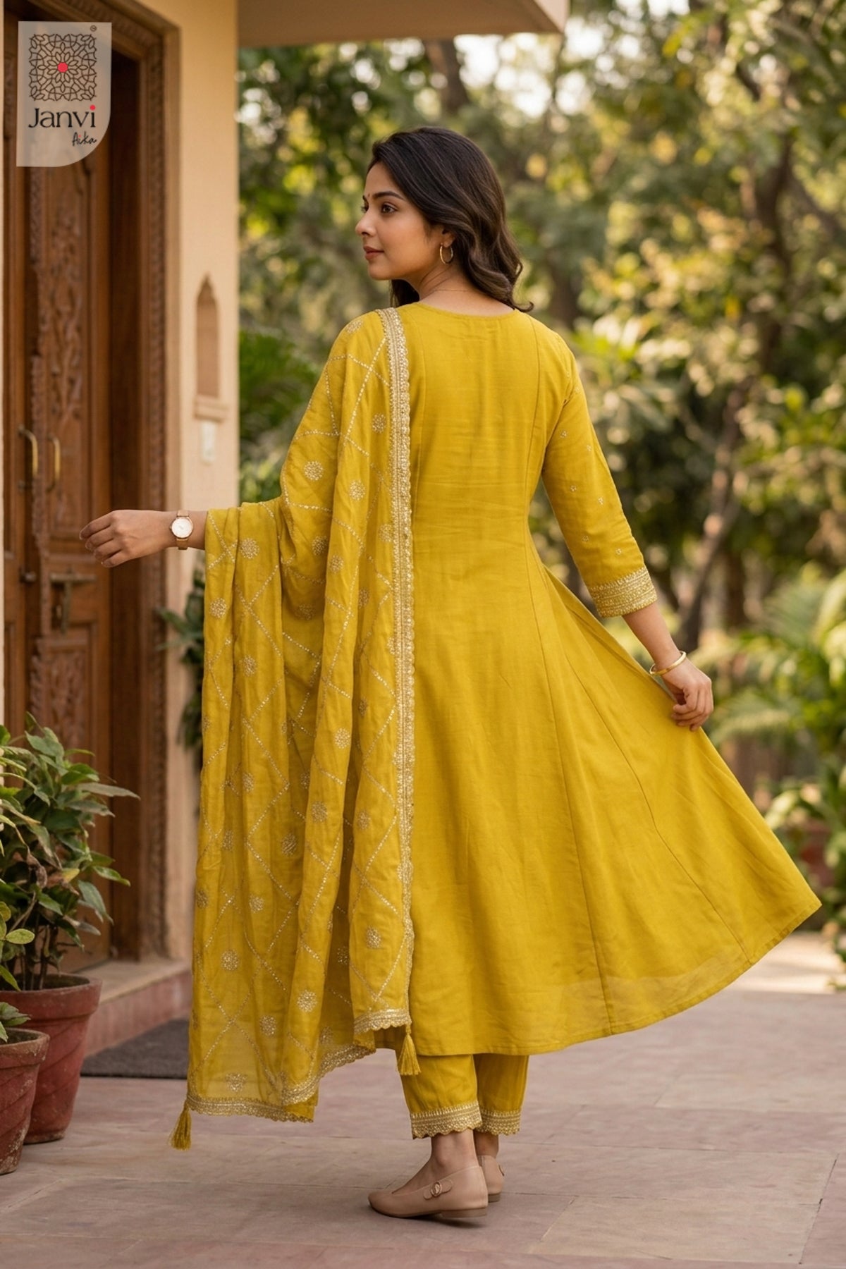 Back view showing neckline styling of Yellow Yashna for women's clothing stores near me.