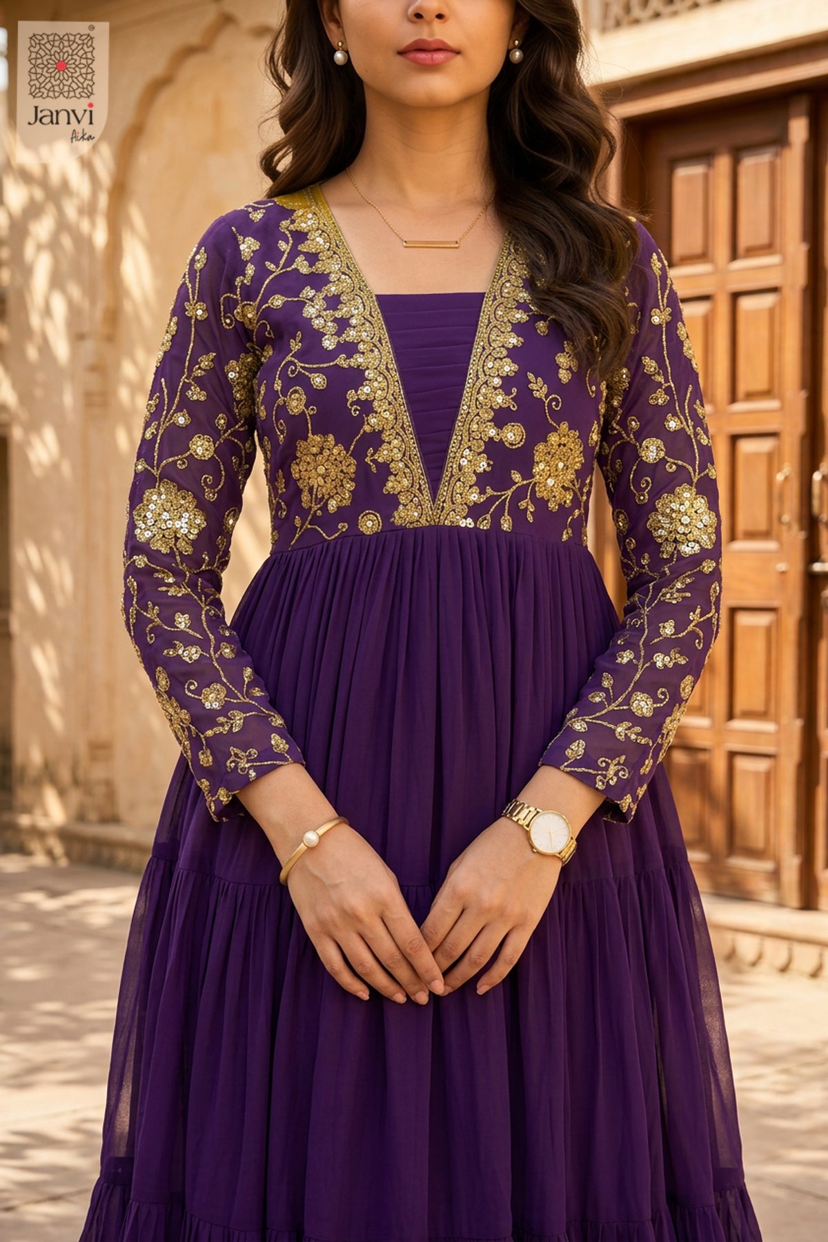 Back view showing neckline styling of Zareen Amethyst for formal western dresses for ladies.