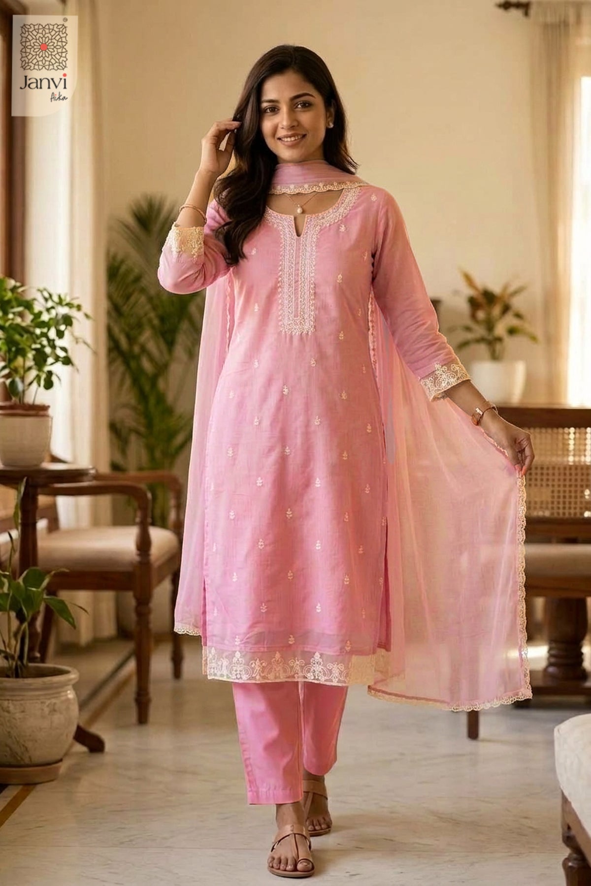 Smiling waist up portrait touching hair wearing a pastel pink party wear churidar.