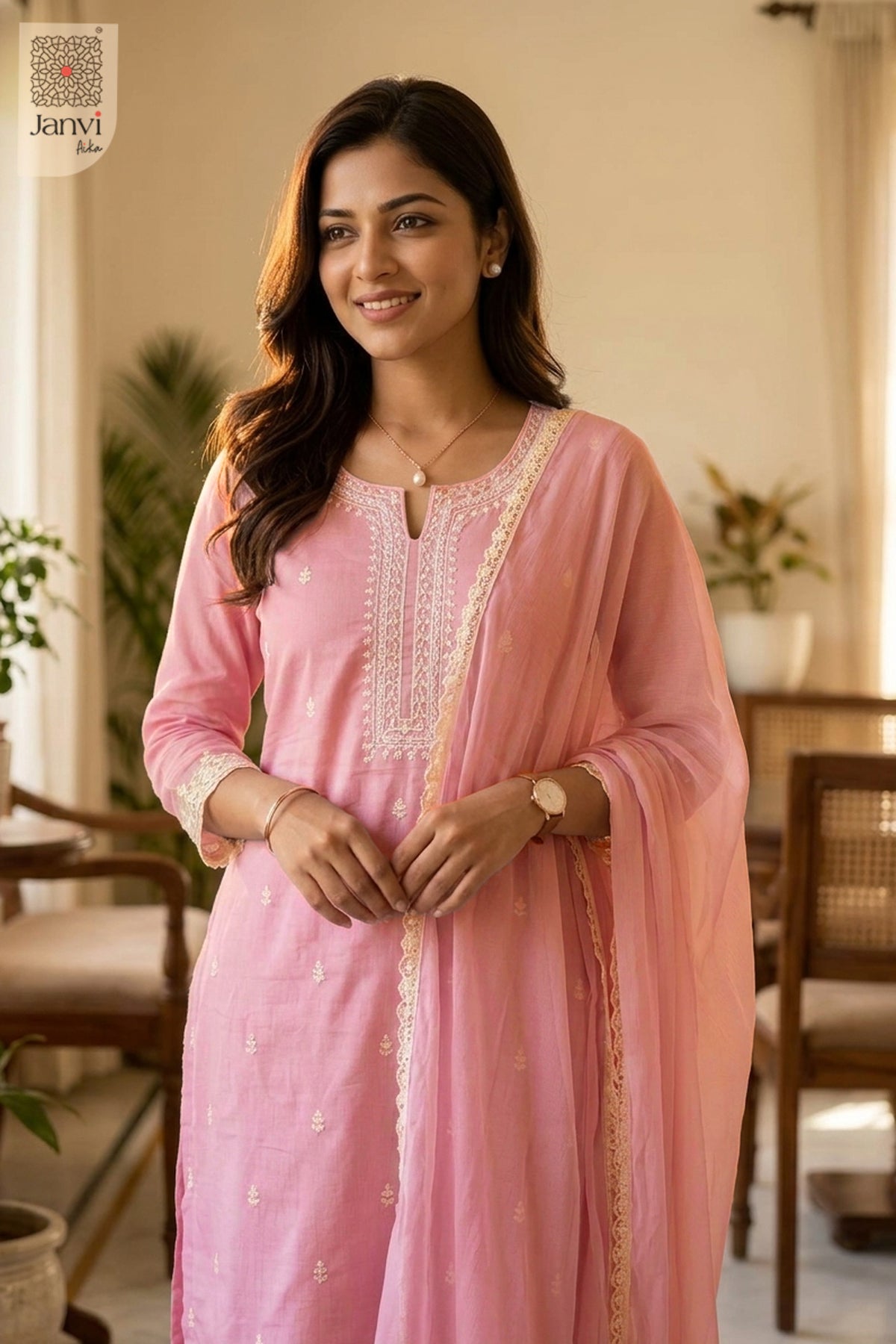 Close up front portrait highlighting delicate yoke work on a pink silk churidar set.
