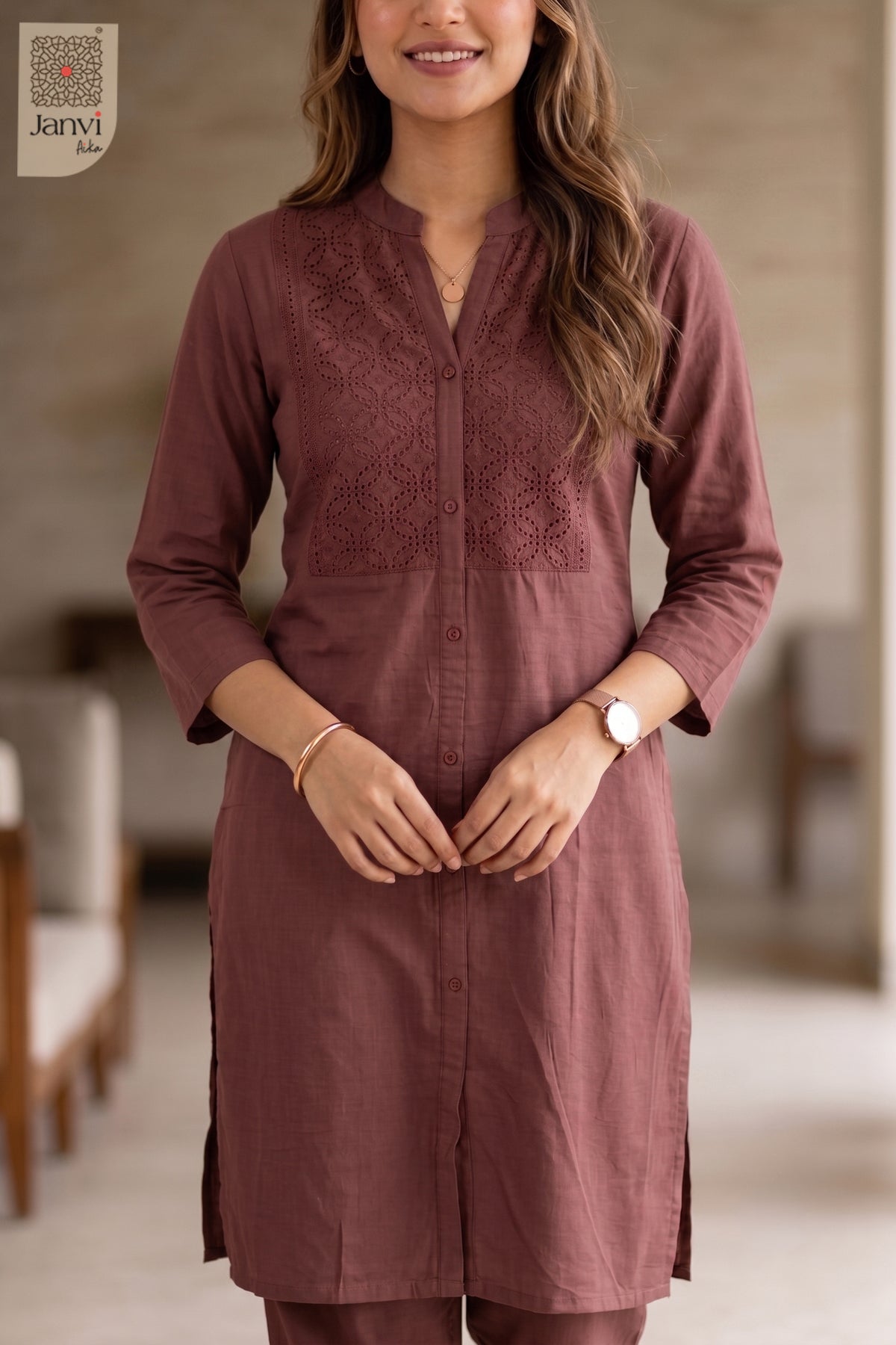 Close-up of Charvi Rosewood in the 2 piece outfits for ladies range with tonal embroidery.