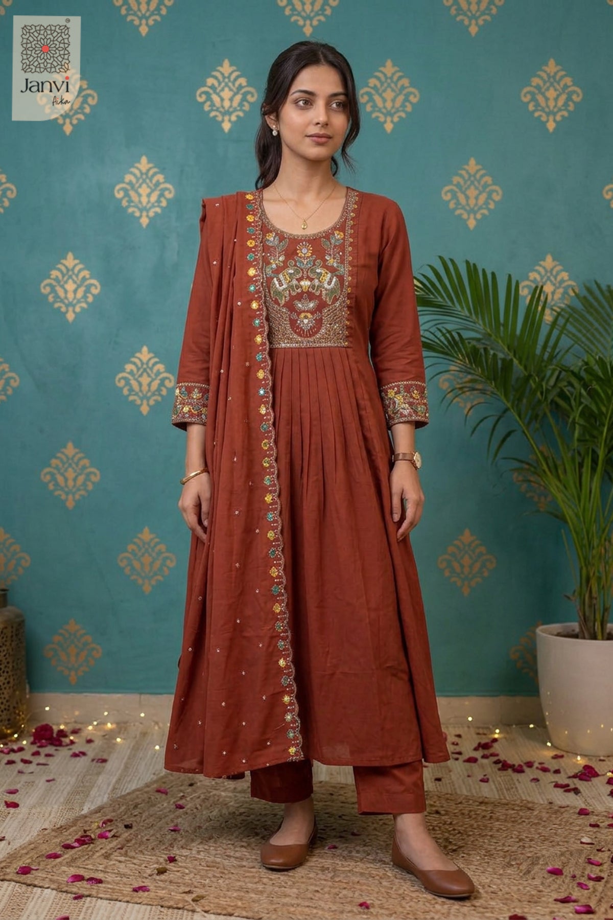 Cinnamon Carousel Elephant Embroidered Round Neck Pleated Kurti