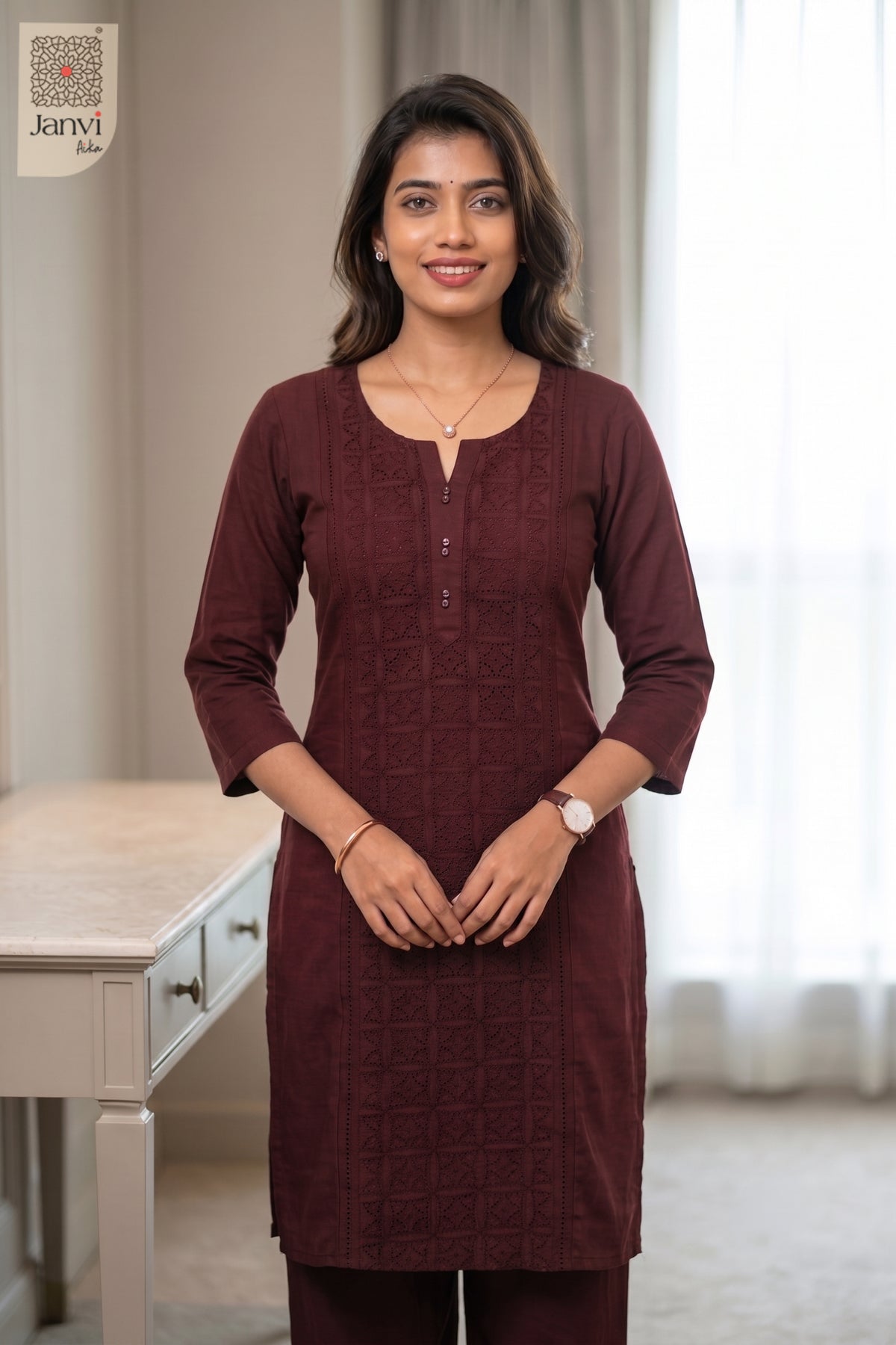 Front close-up of Garnet Grace from the 2 piece outfits for ladies range and tonal embroidery.