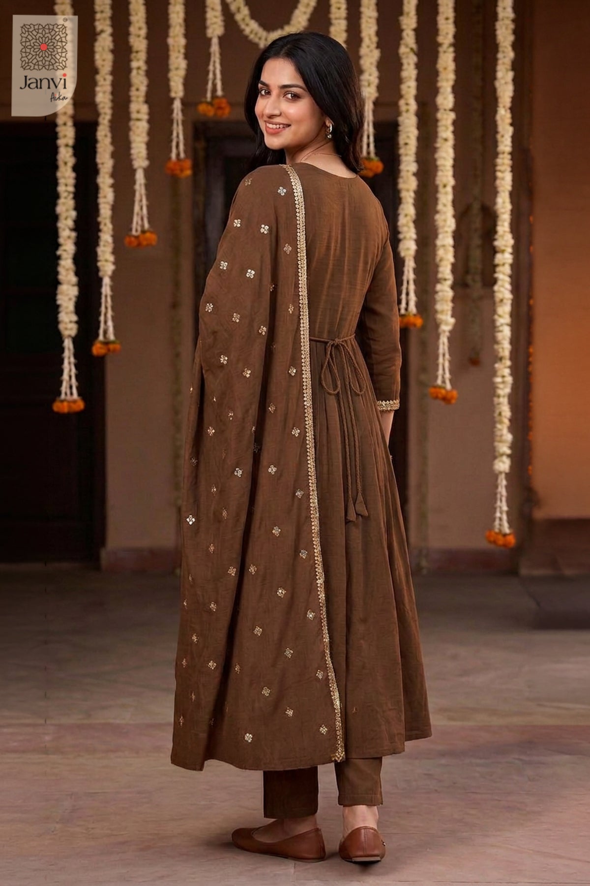 Bronze Peacock Cutdana Notch Neck Anarkali