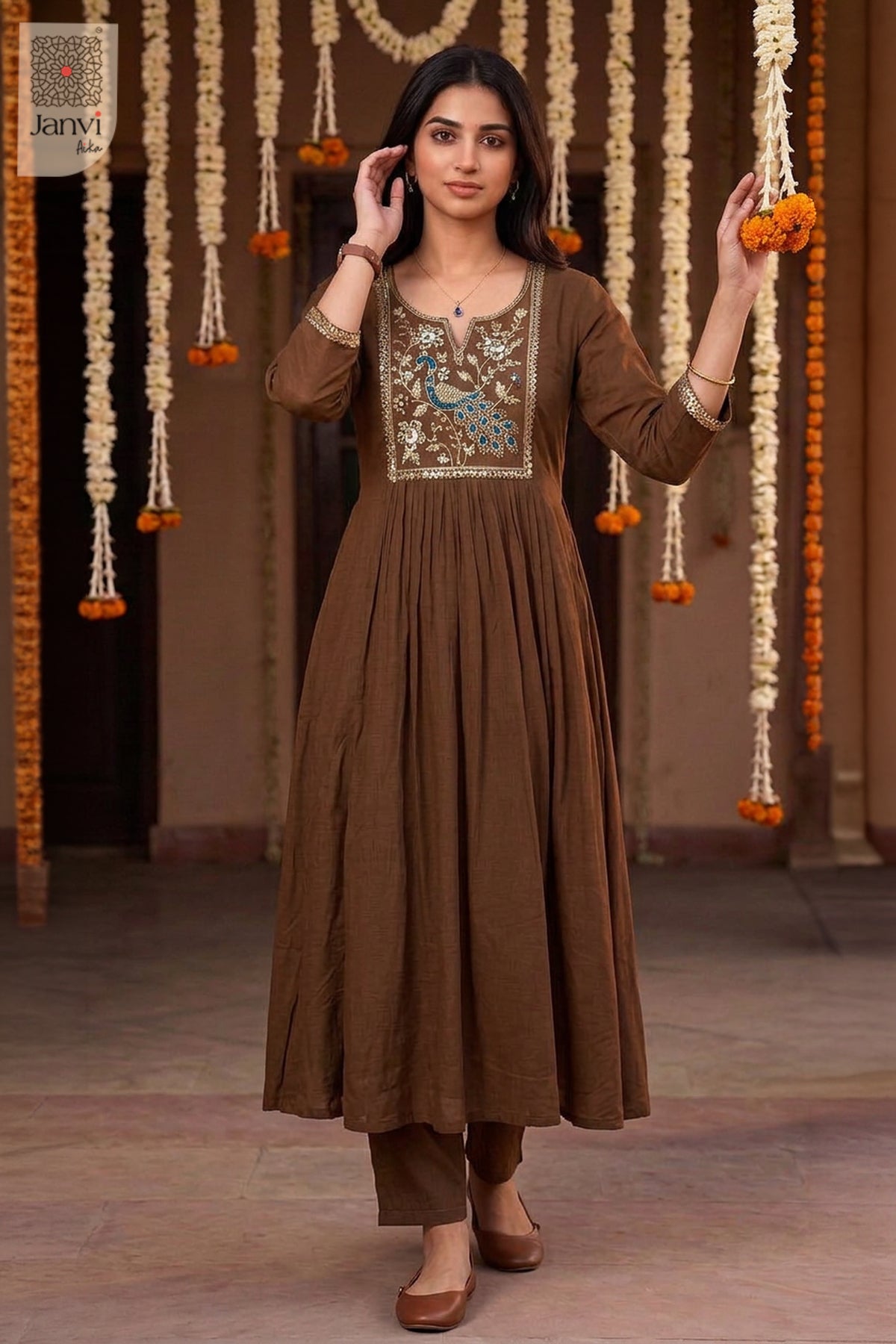 Bronze Peacock Cutdana Notch Neck Anarkali