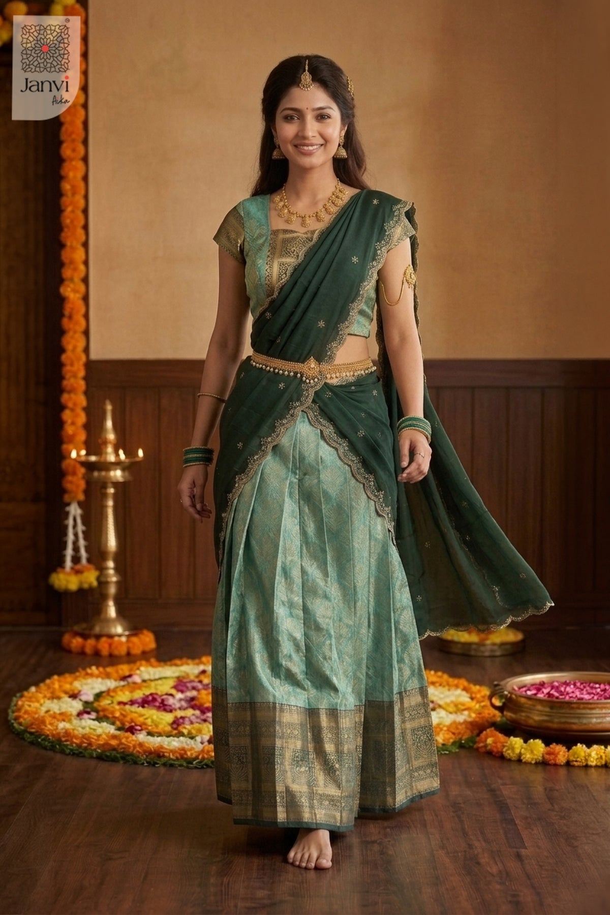 Full view of jade and emerald embroidered lehenga saree with ornate gold zari.
