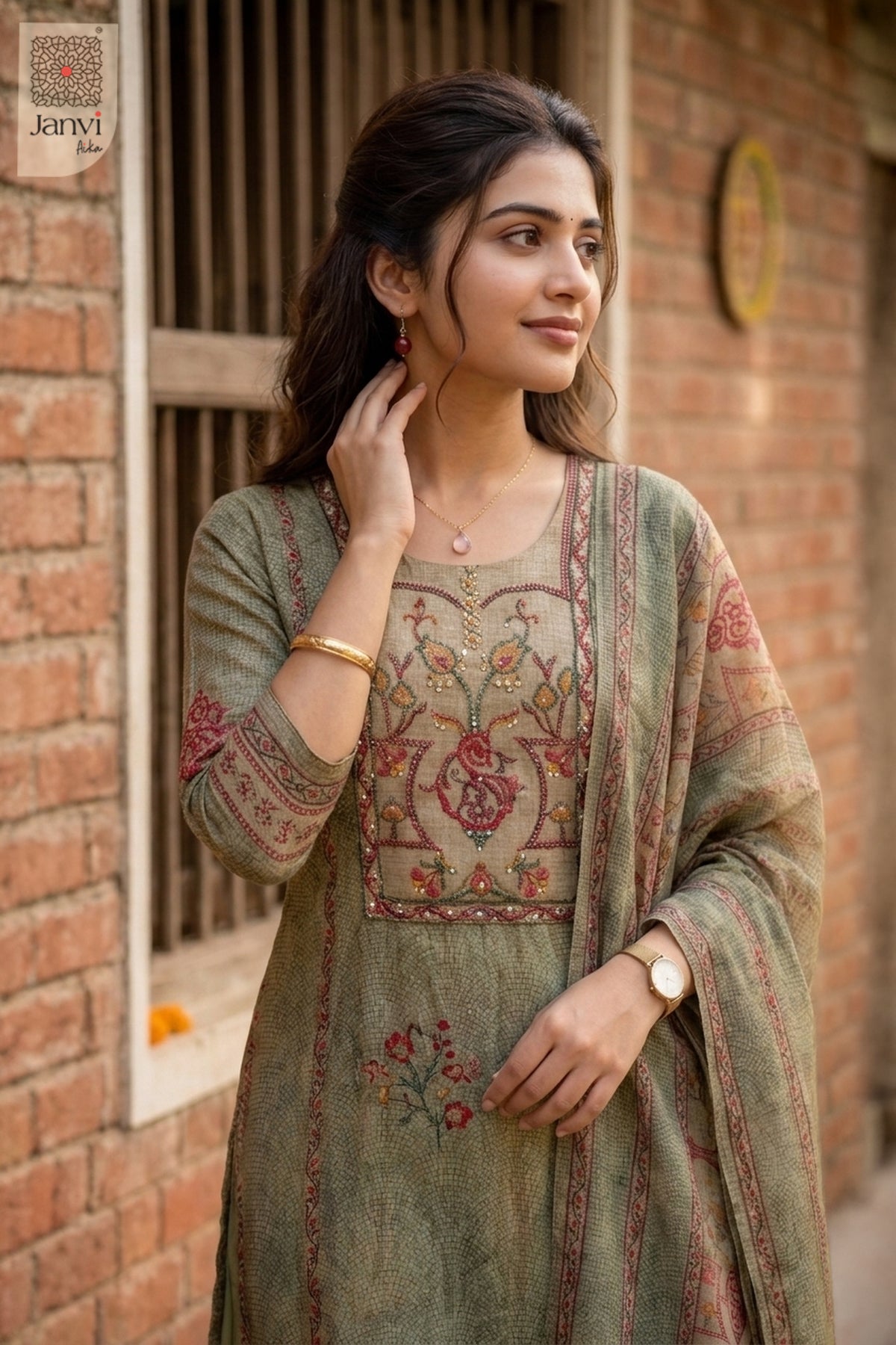 Front portrait of muted olive green threadwork on an anarkali kurta yoke bodice.