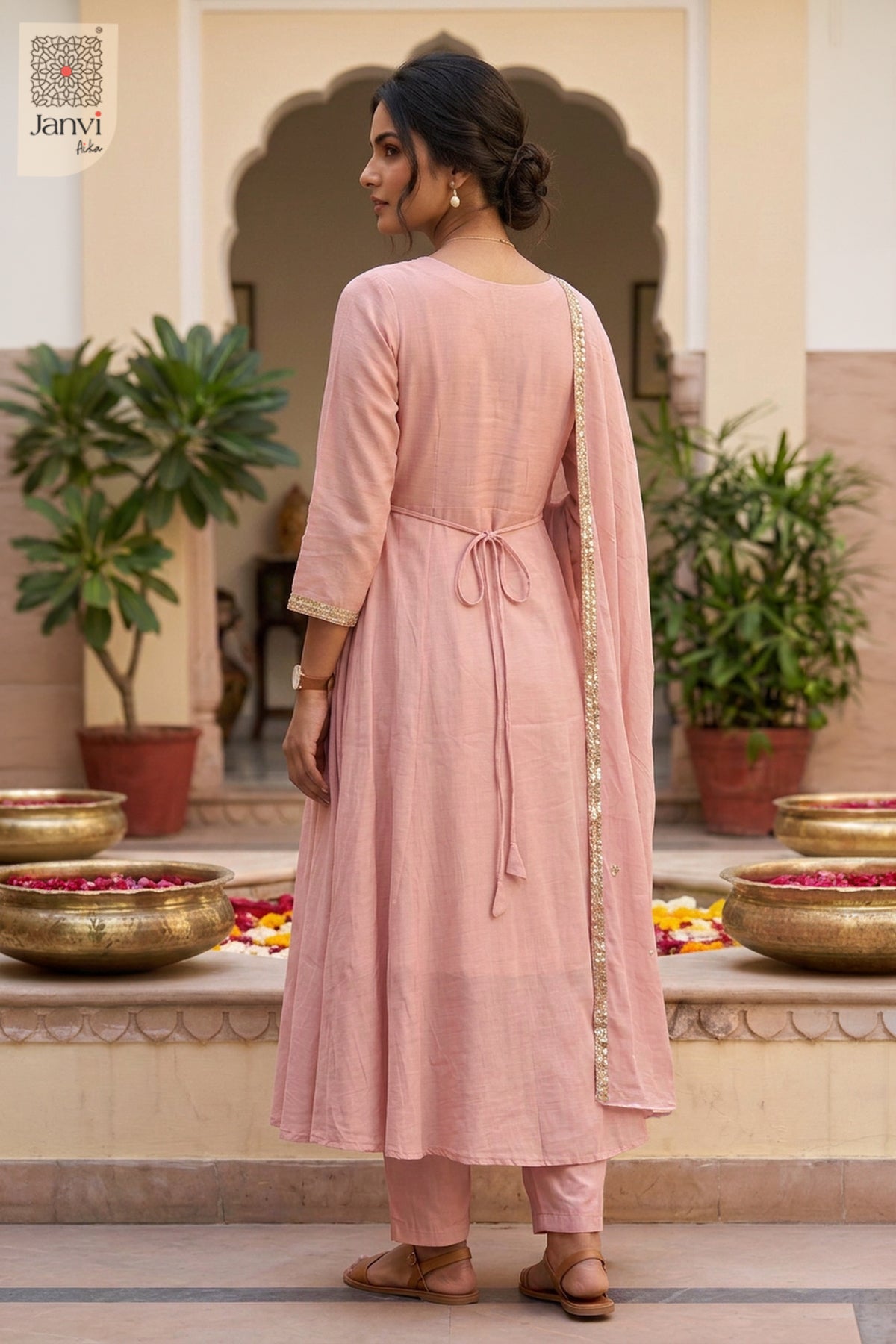 Nude Pink Atelier Peacock Embroidered Notch Neck Anarkali