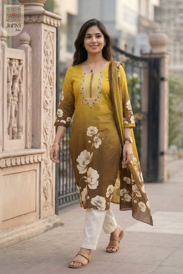 Elegant Yellow Cotton yellow anarkali kurti featuring a detailed side profile view.