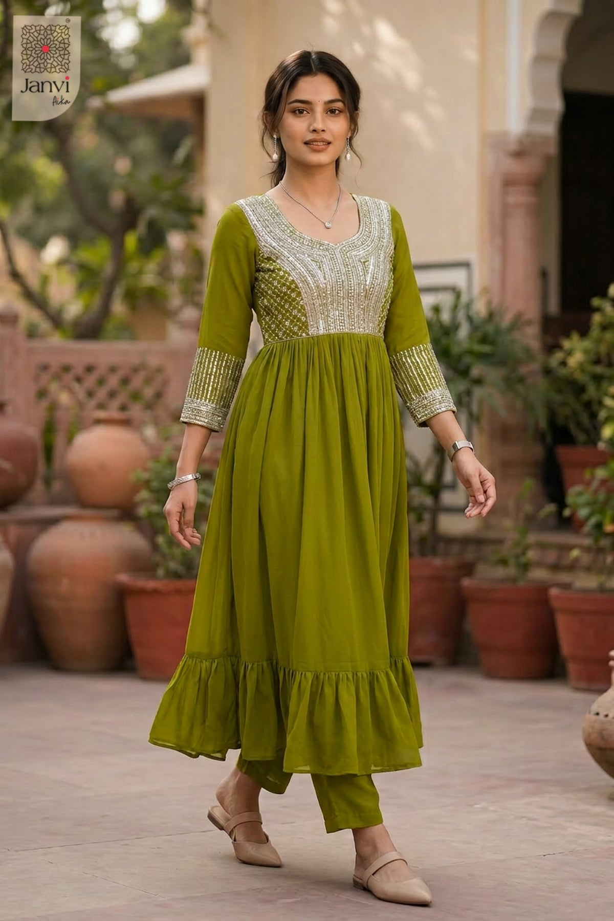 Anaya Olive Shimmer Anarkali Dress