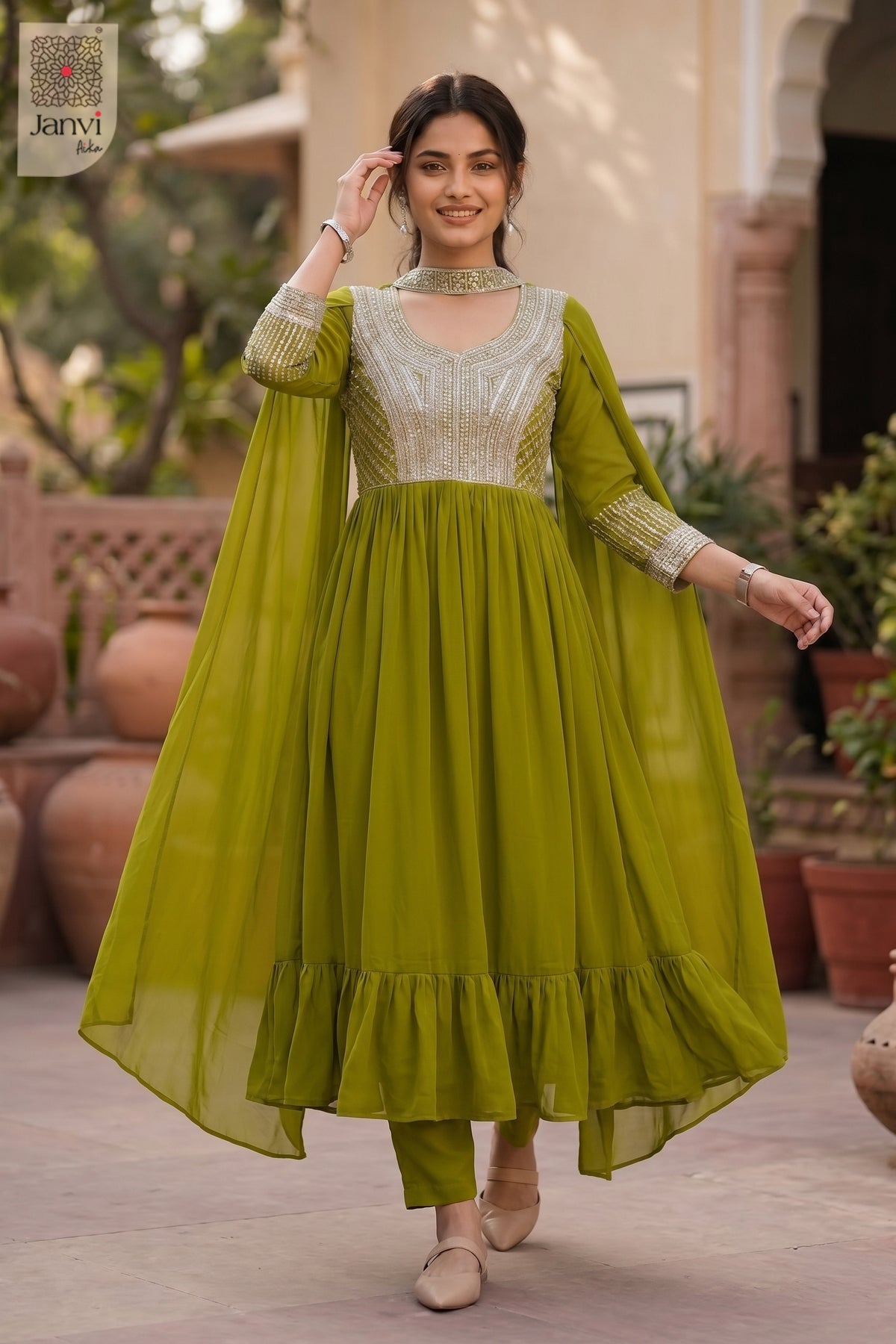 Anaya Olive Shimmer Anarkali Dress