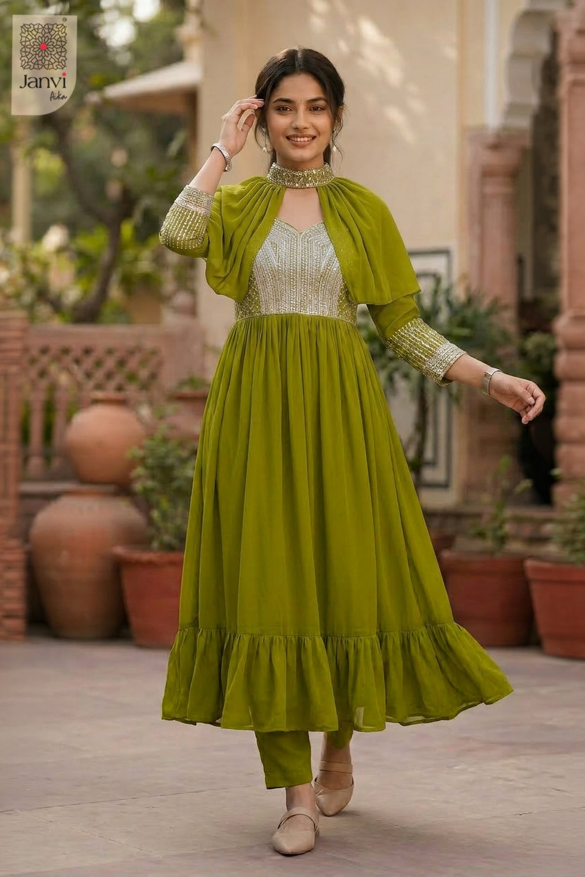Anaya Olive Shimmer Anarkali Dress