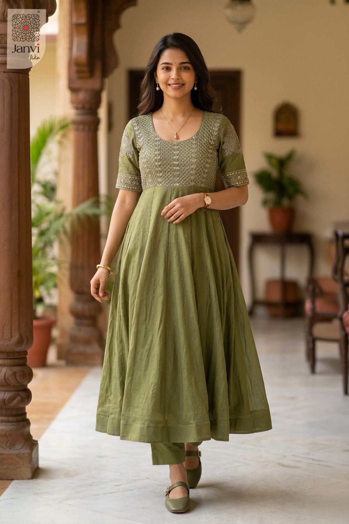 Front angled view of the flared silhouette of Aranya Grace for plus size formal wear for women.