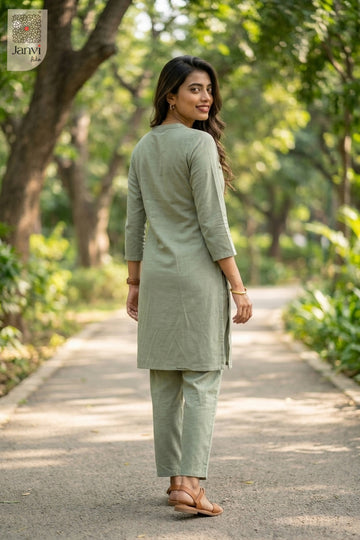 Back view of Ash Elegance Veda in grey mulmul cotton from the 2 piece outfits for ladies range.