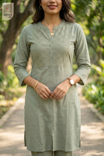 Close-up of Ash Elegance Veda in the 2 piece outfits for ladies range with tonal embroidery.