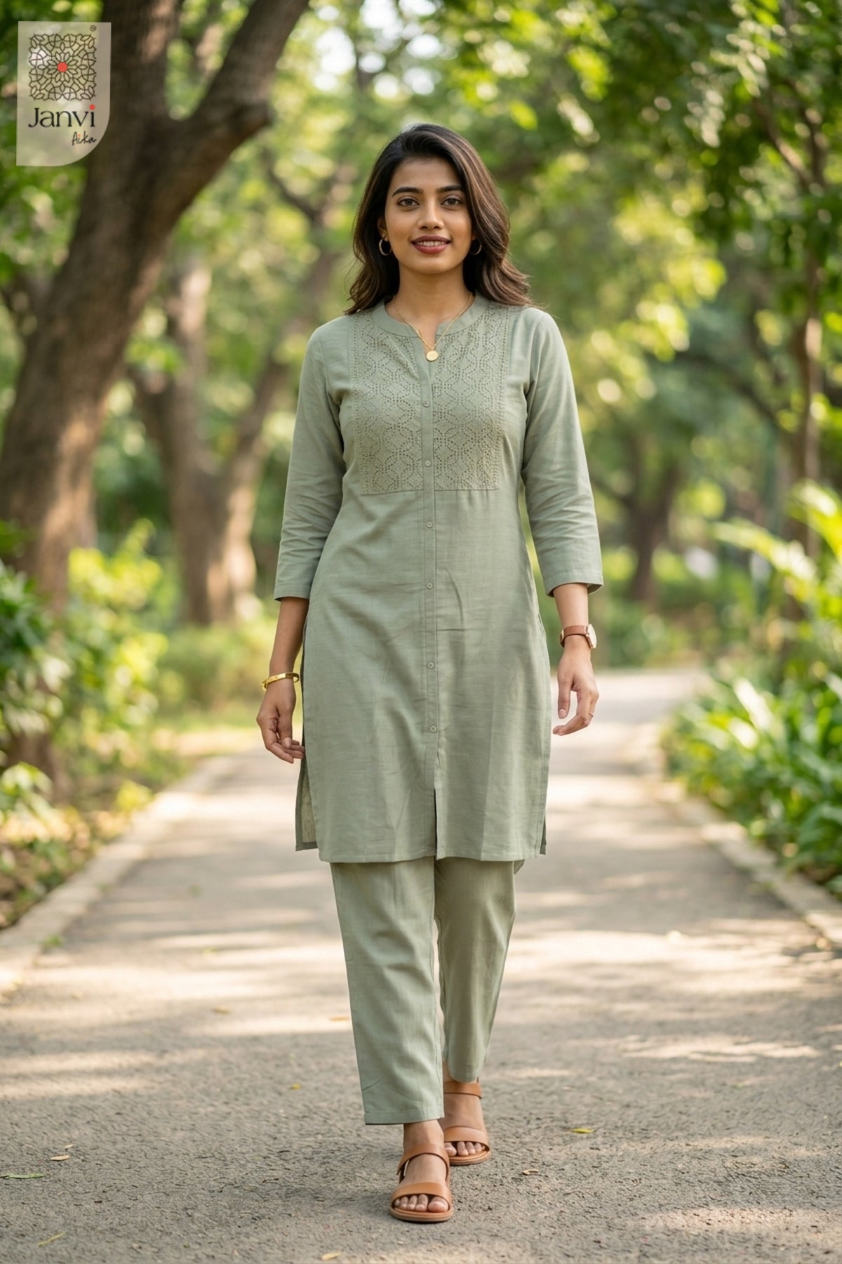 Walking pose of Ash Elegance Veda in grey from the 2 piece outfits for ladies collection.