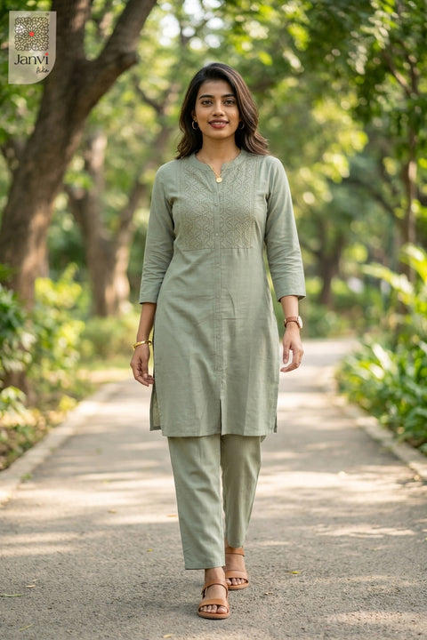 Walking pose of Ash Elegance Veda in grey from the 2 piece outfits for ladies collection.