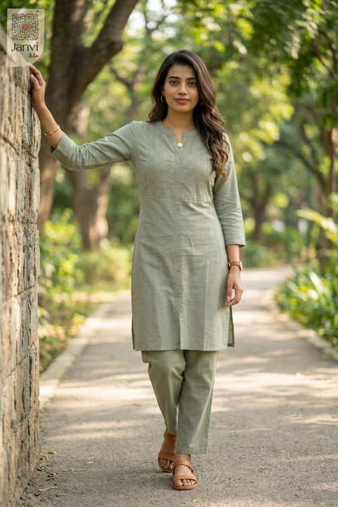 Standing front view of Ash Elegance Veda in grey from the 2 piece outfits for ladies collection.