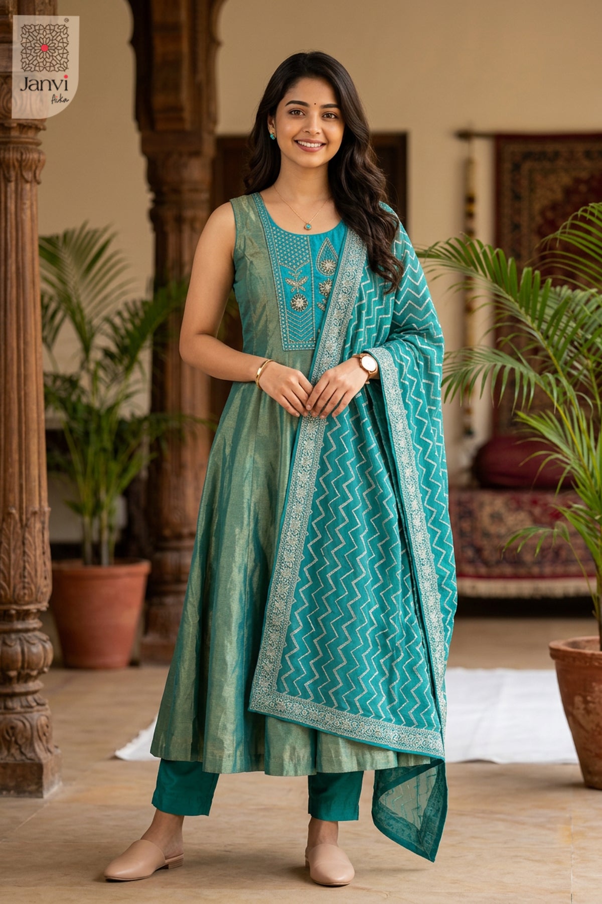 Front full view of Aurel Skyline showcasing style for indo western party wear for ladies.