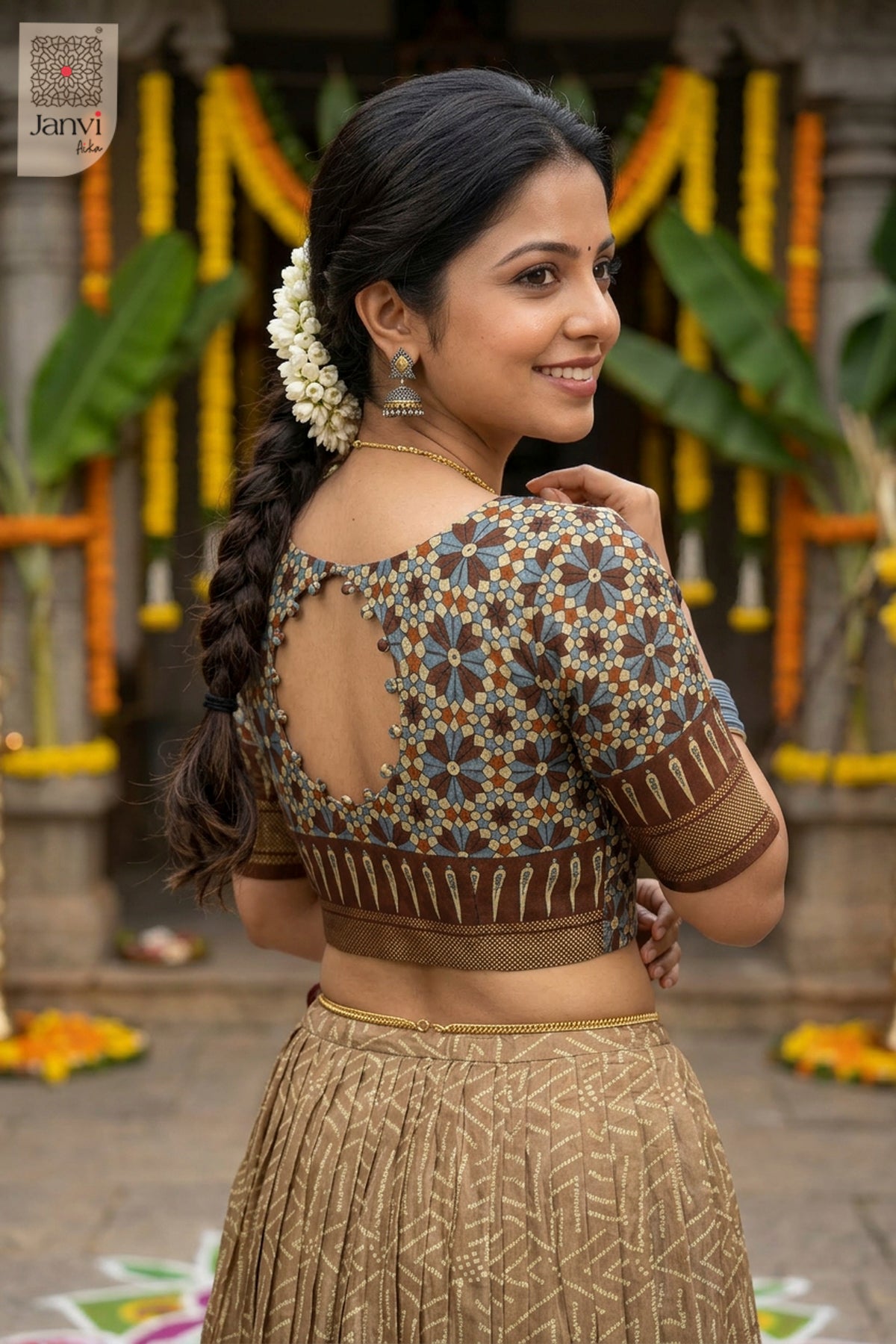 Waist up rear keyhole neck of a half saree as a beautiful lehenga stylish saree.
