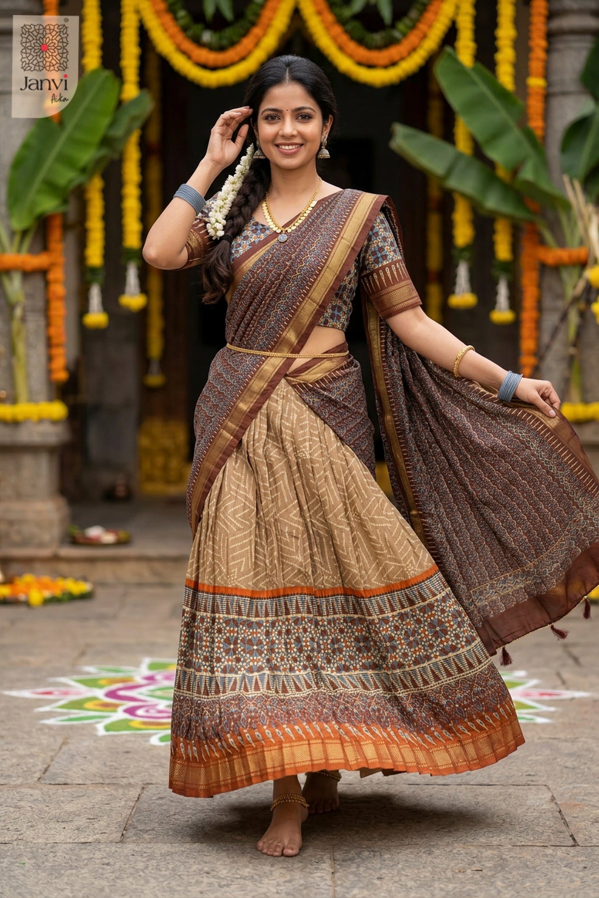 Front full standing shot of a half saree as a beautiful georgette lehenga saree.