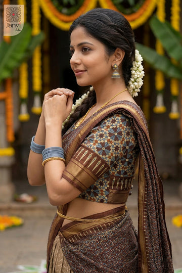 Close up side profile detail of a half saree as a beautiful saree ka lehenga for weddings.