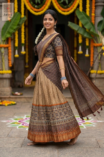 Standing side profile shot of a half saree as a beautiful tamil lehenga saree for weddings.
