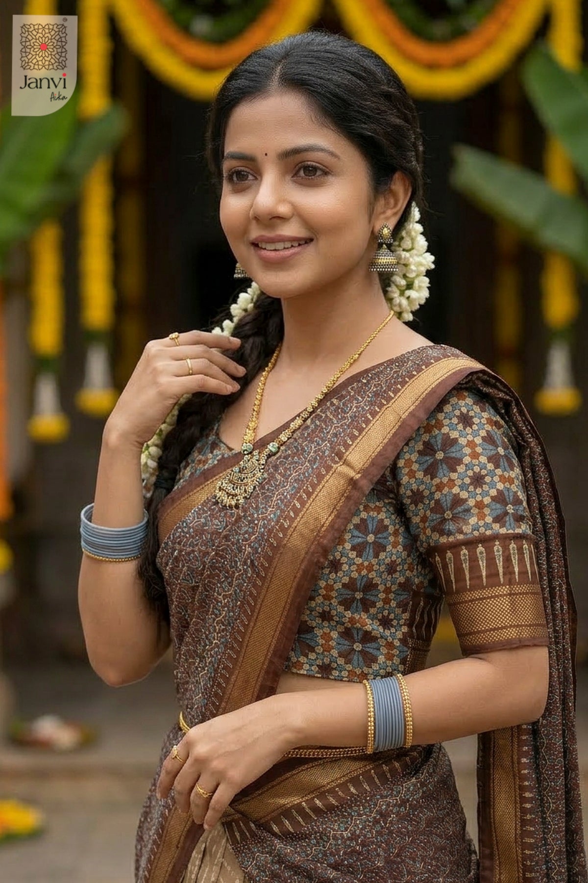 Waist up front smiling view of a half saree as a beautiful readymade lehenga saree.
