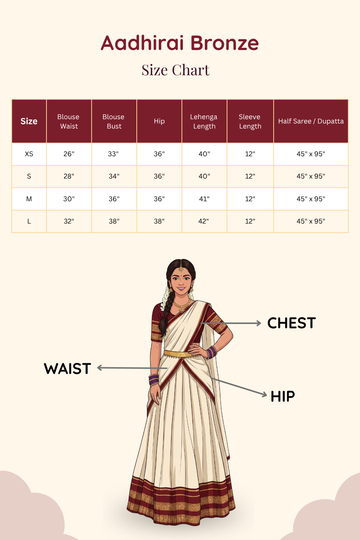Detailed size chart and measurement guide for Aadhirai Bronze readymade lehenga saree.