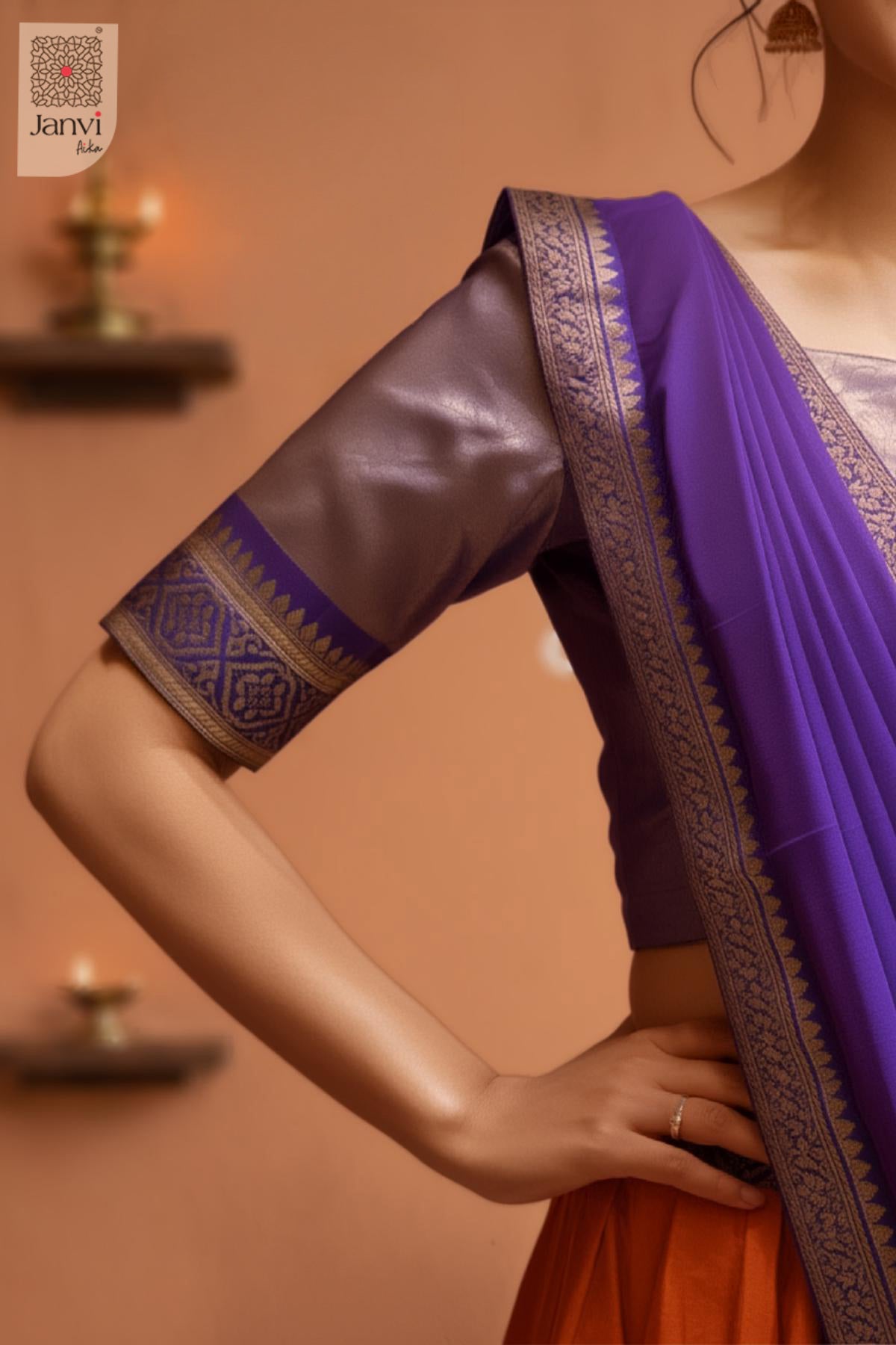 Sleeve border close up view of a half saree as a beautiful lehenga like saree for weddings.