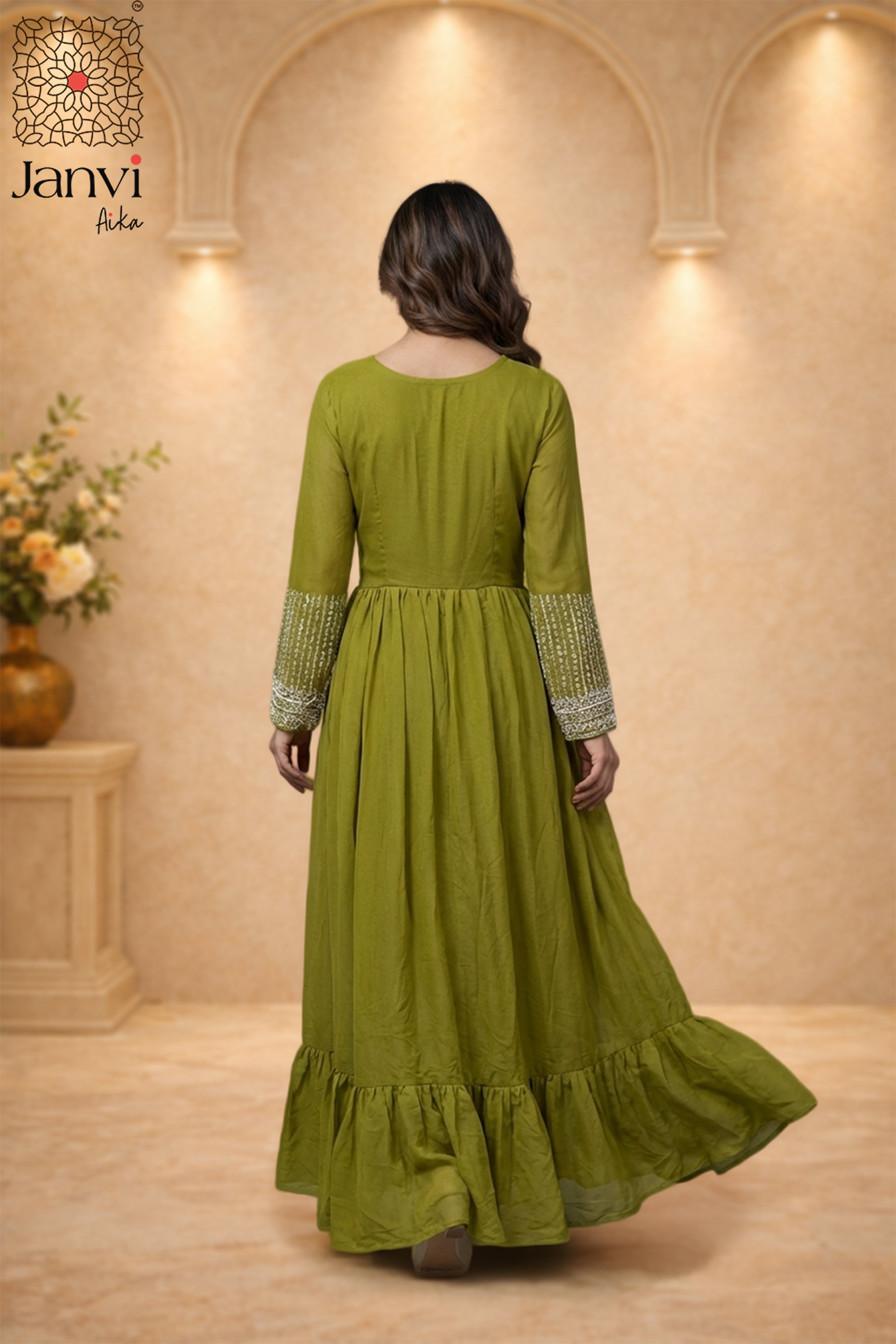 Anaya Olive Shimmer Anarkali Dress