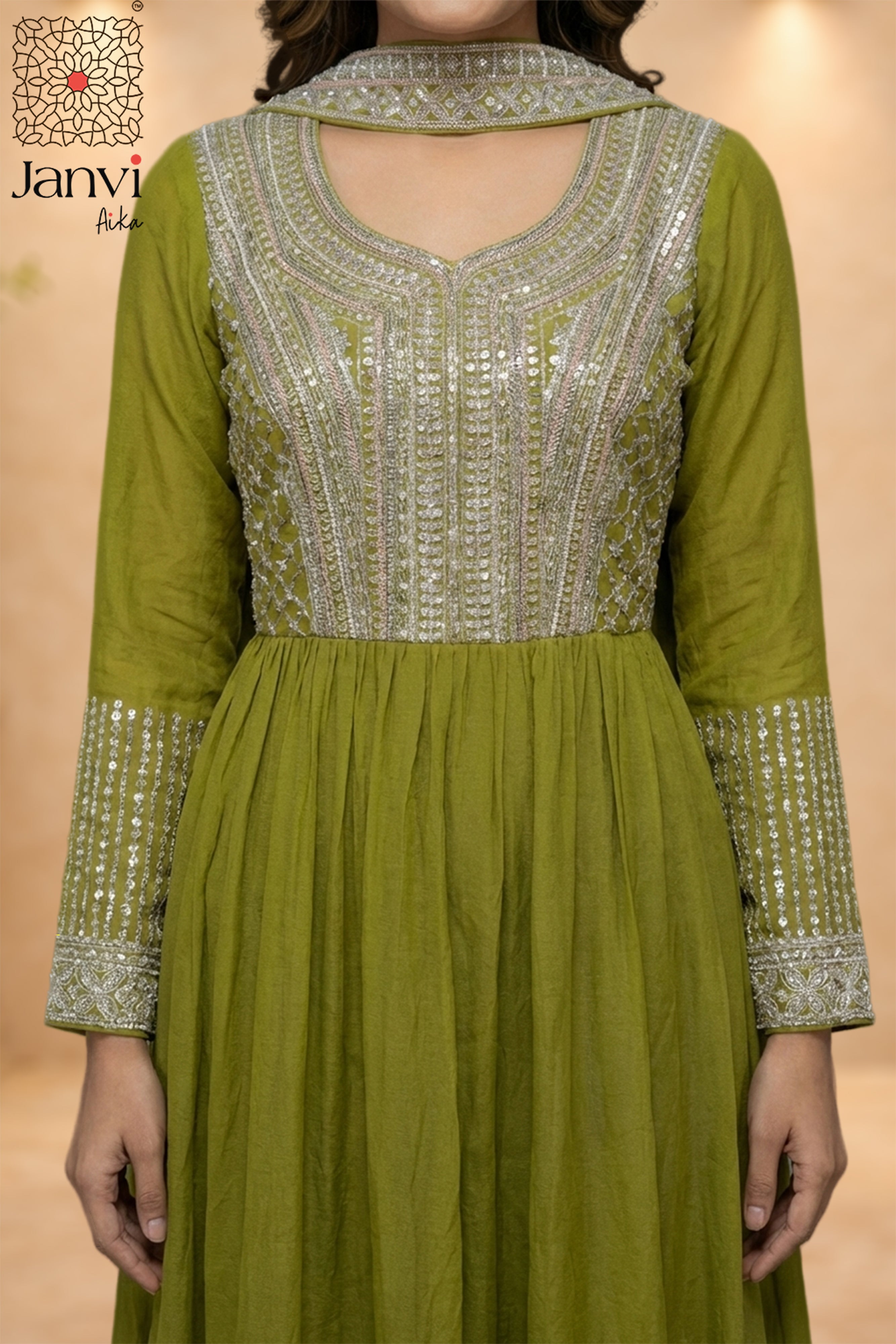 Anaya Olive Shimmer Anarkali Dress