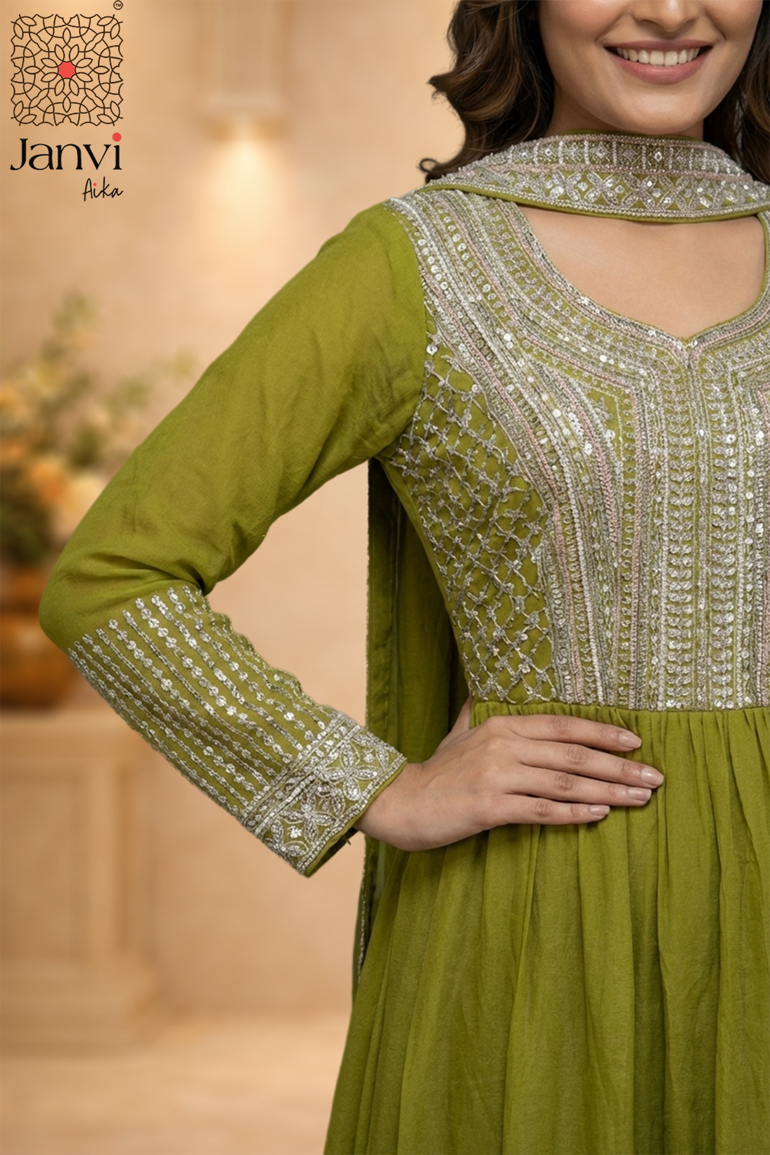 Anaya Olive Shimmer Anarkali Dress