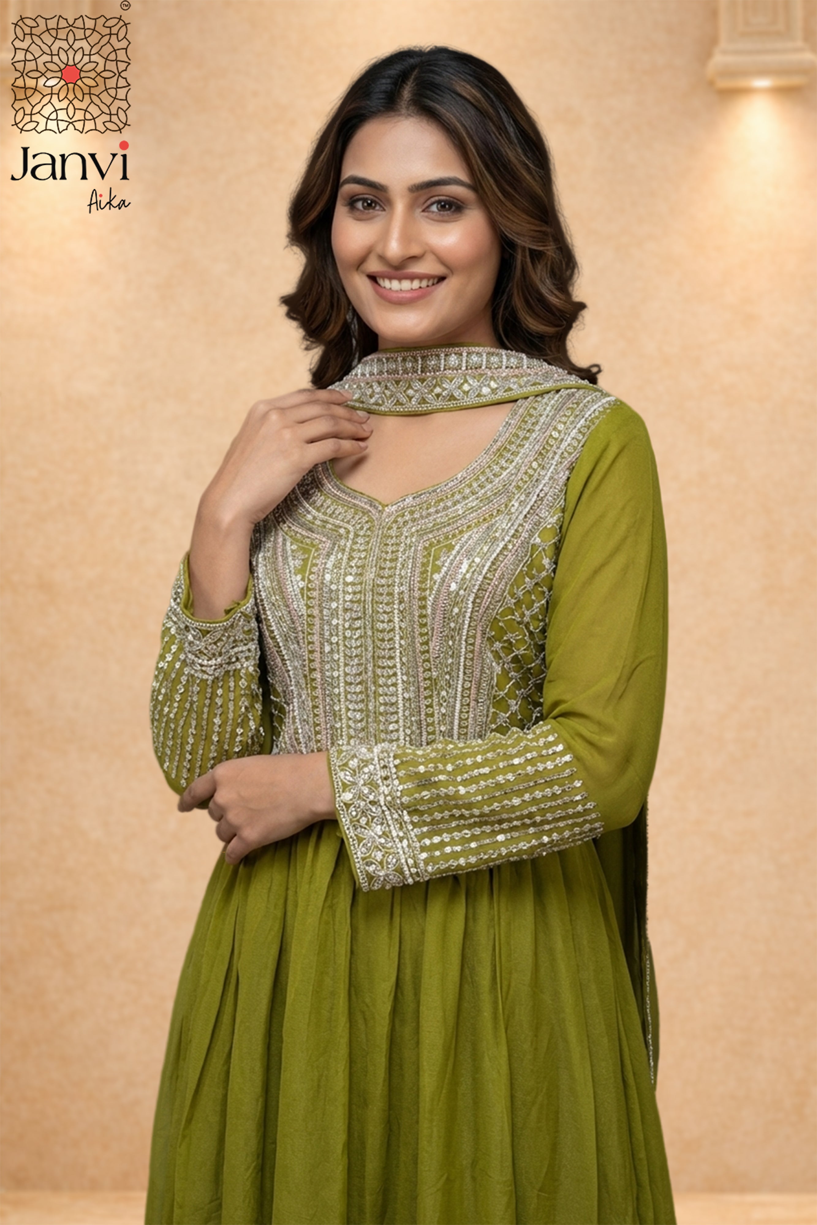 Anaya Olive Shimmer Anarkali Dress