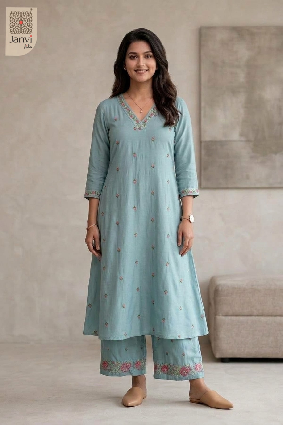 Aqua Blossom Embroidered Set