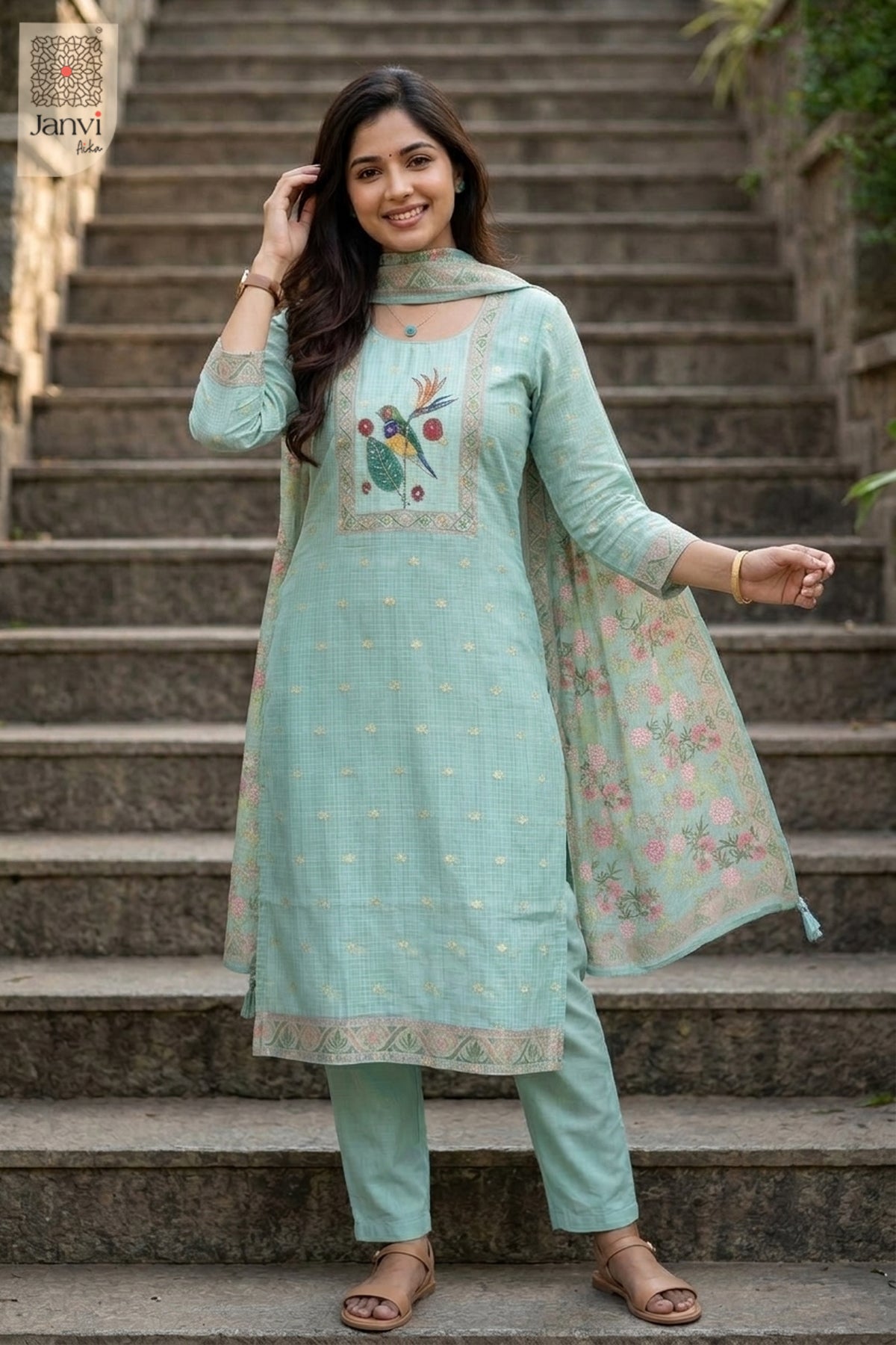 Aqua Royal Aviary Embroidered Kurta