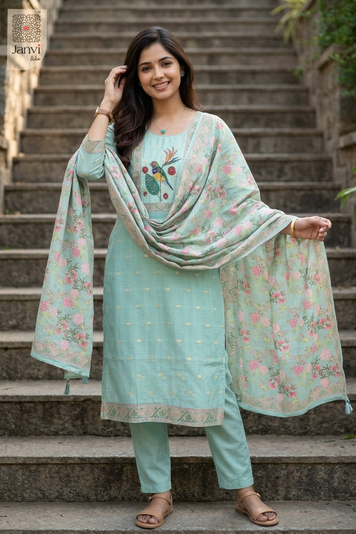 Aqua Royal Aviary Embroidered Kurta