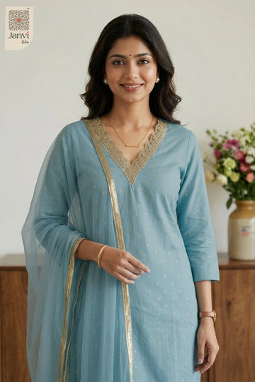Front close up portrait highlighting the neckline of a churidar set with dupatta.
