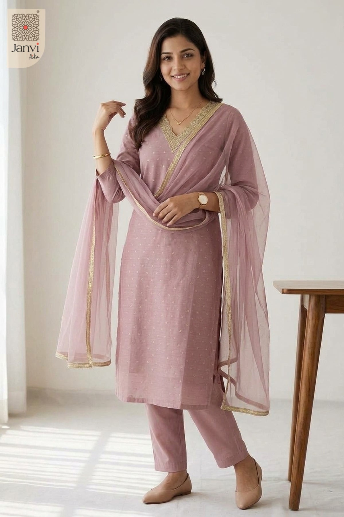 Standing indoor pose adjusting sheer printed scarf in a churidar set with dupatta.
