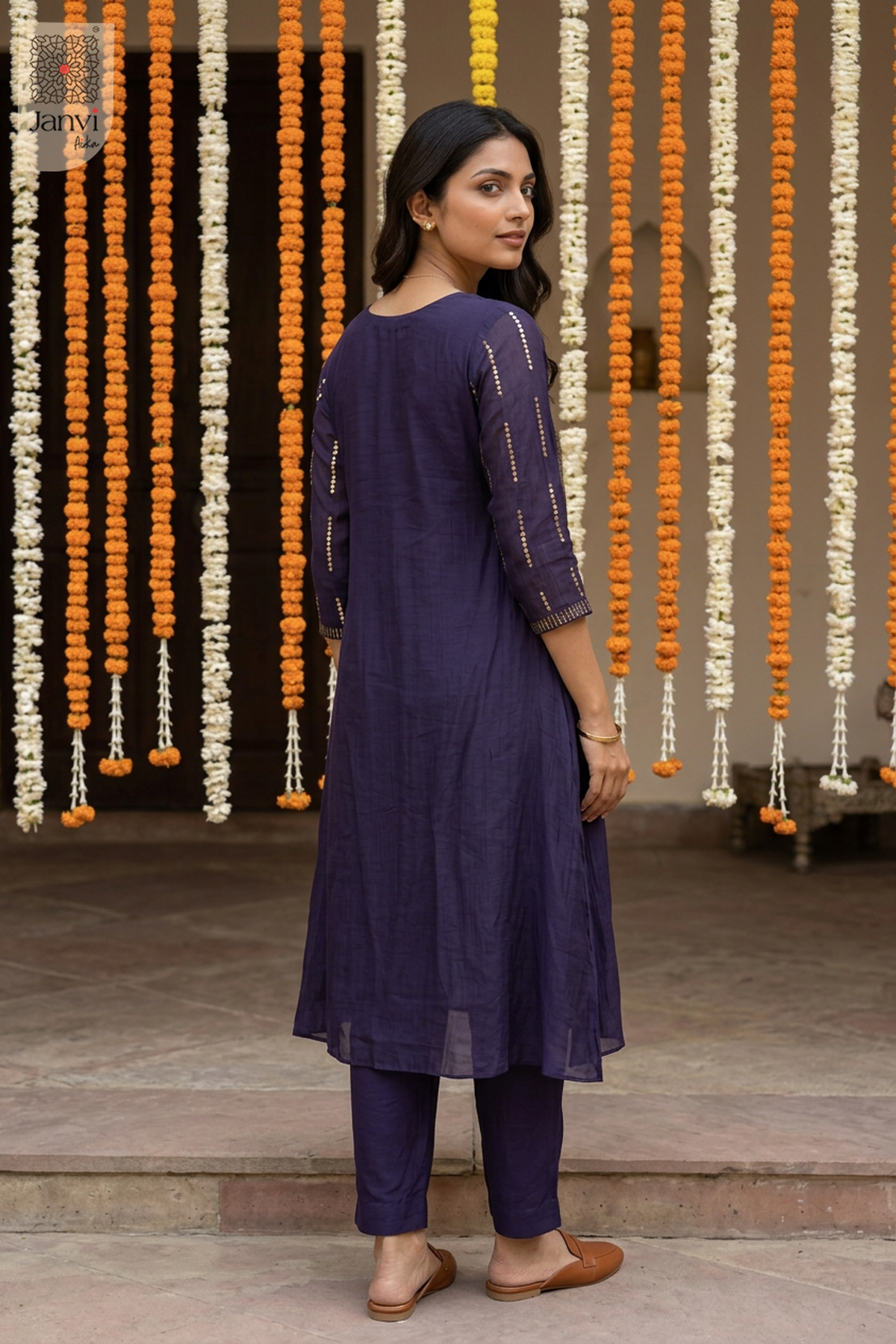 Astral Pinstripe Star Motif V Neck Anarkali