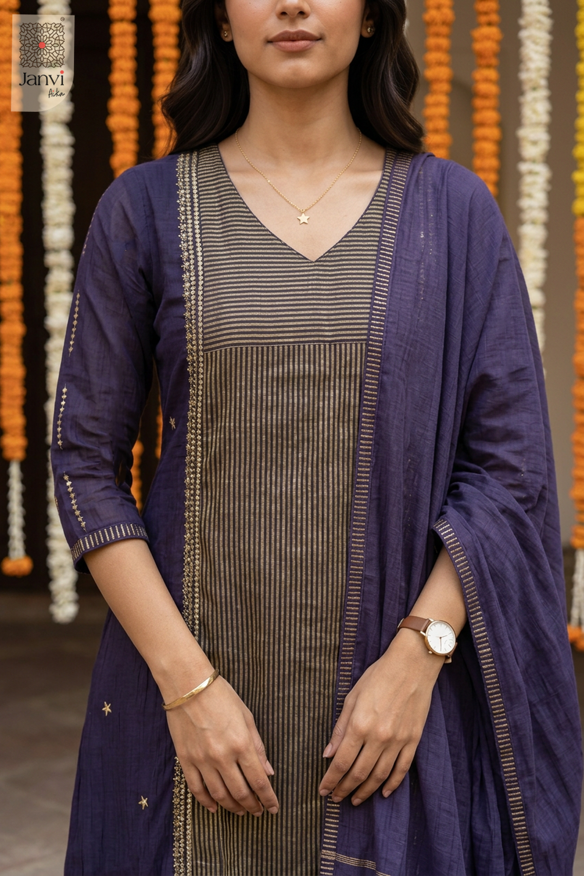 Astral Pinstripe Star Motif V Neck Anarkali